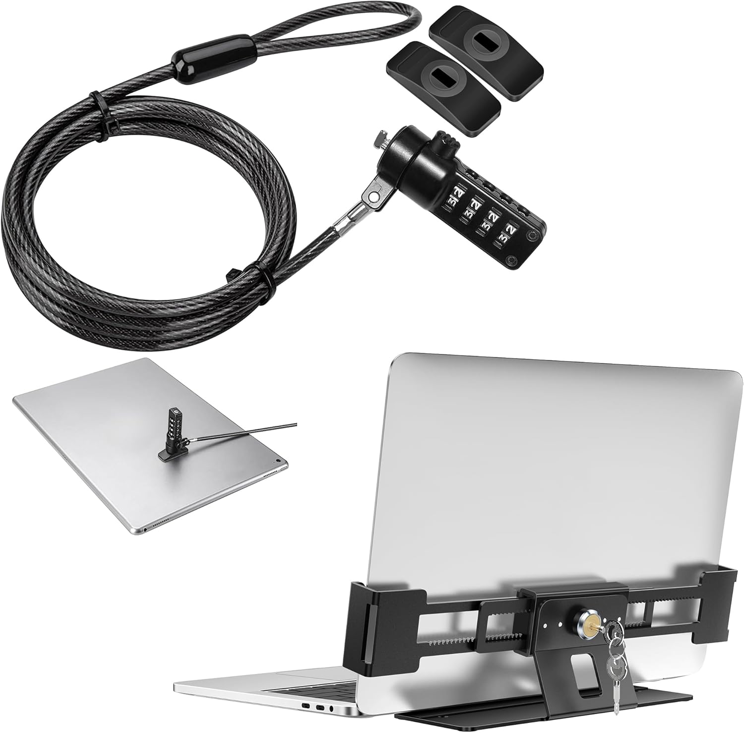 AboveTEK iPad Lock Security Cable w/Adhesive Plates Bundle with Laptop Locking Station, Premium Aluminum MacBook Security Lock with High-Security Copper Cylinder
