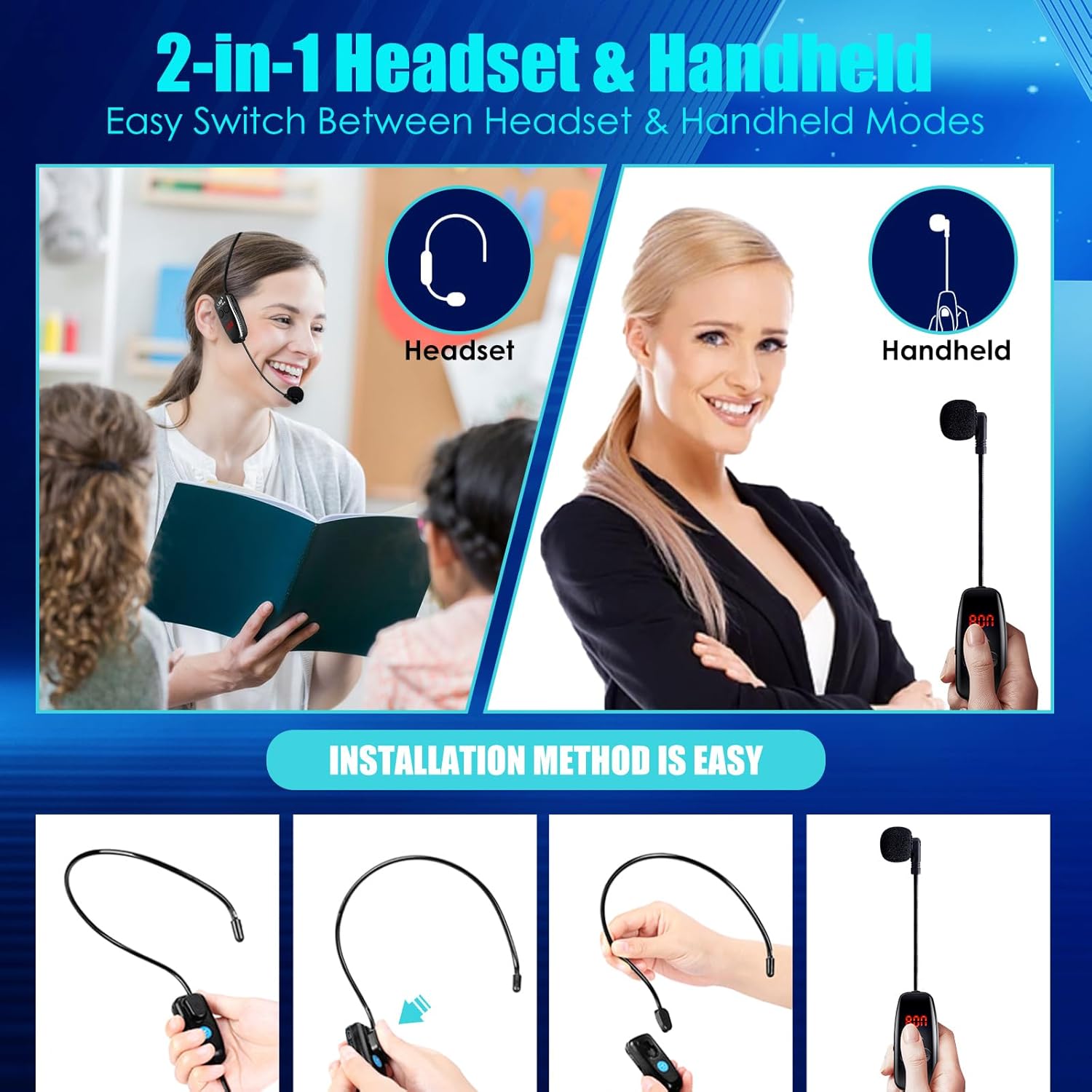 Wireless Microphone Headset, UHF Head Mic Speaker System, Professional Voice Amplifier Headset Microphones, with LED Digital Display, for Teaching Fitness Instructor Tour Guide - Image 4