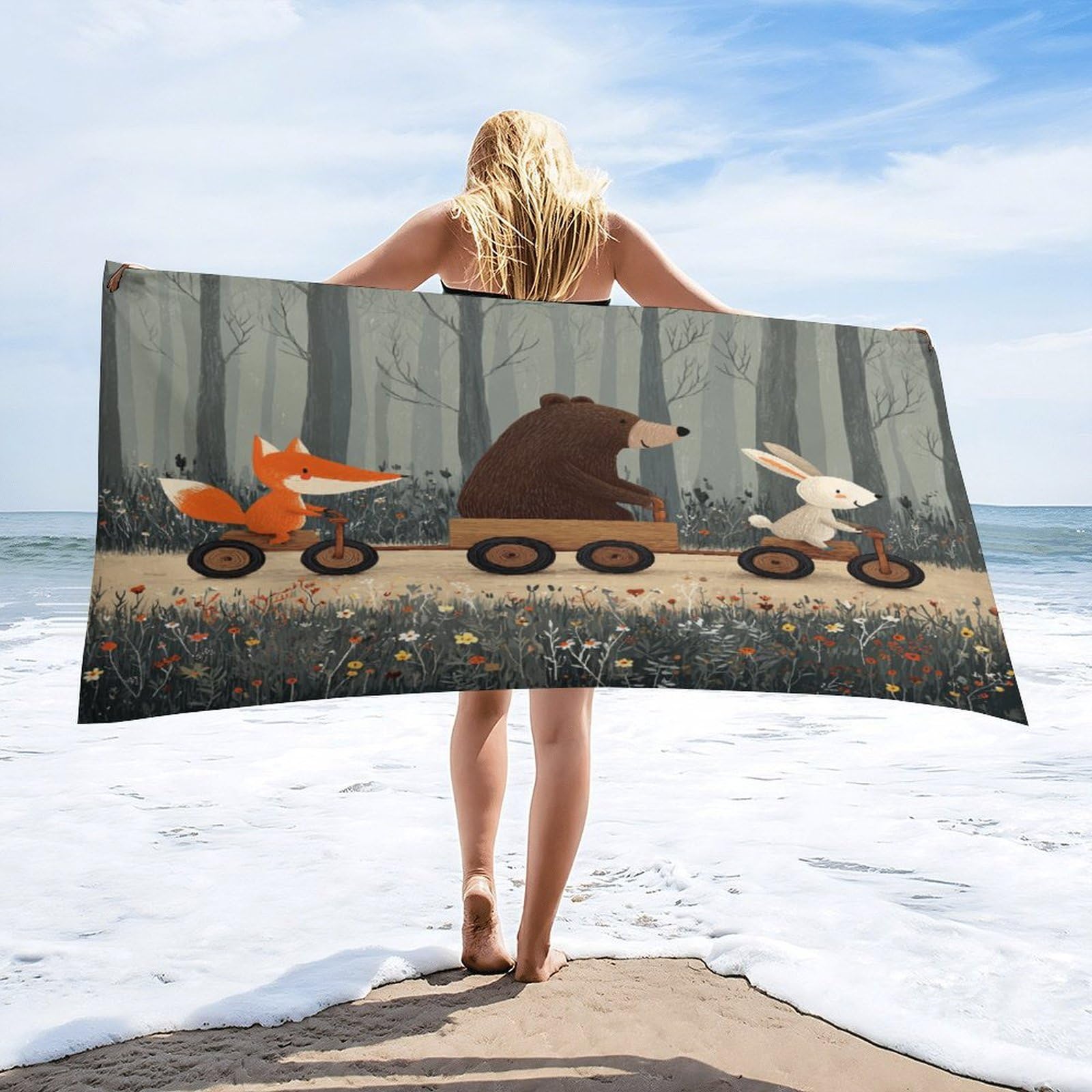 Luyysky Cute Rustic Woodland Wildlife Quick-Drying Beach Towel, Classic Cartoon Animal Fox Rabbit Bear Plant Floral Pattern Travel Vacation Single Sided Pile Bathroom Towels-80 W Cm X 160" L Cm