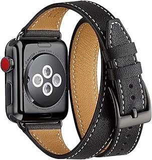 Bestig Compatible for Apple Watch Band 38mm 40mm 41mm, Genuine Leather Double Tour Designed Slim Wrap Replacement Strap for iWatch Series 8 7 6 SE 5 4 3 2 1 Women Men (Black+Black)