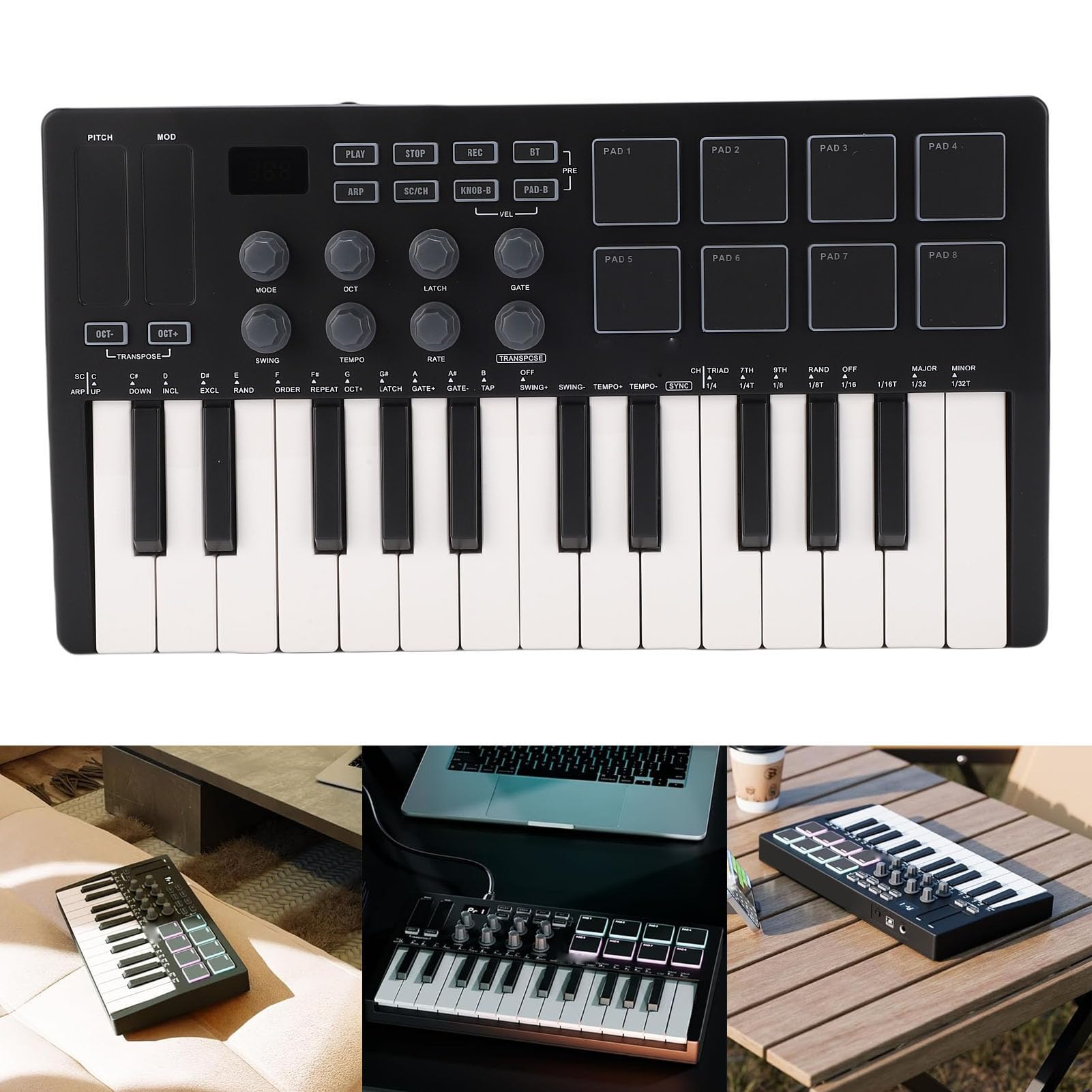 Eujgoov Controlador MIDI Portátil de 25 Teclas Bluetooth USB 8 Perillas Semipesadas con Software de Producción Negro para Producción Musical