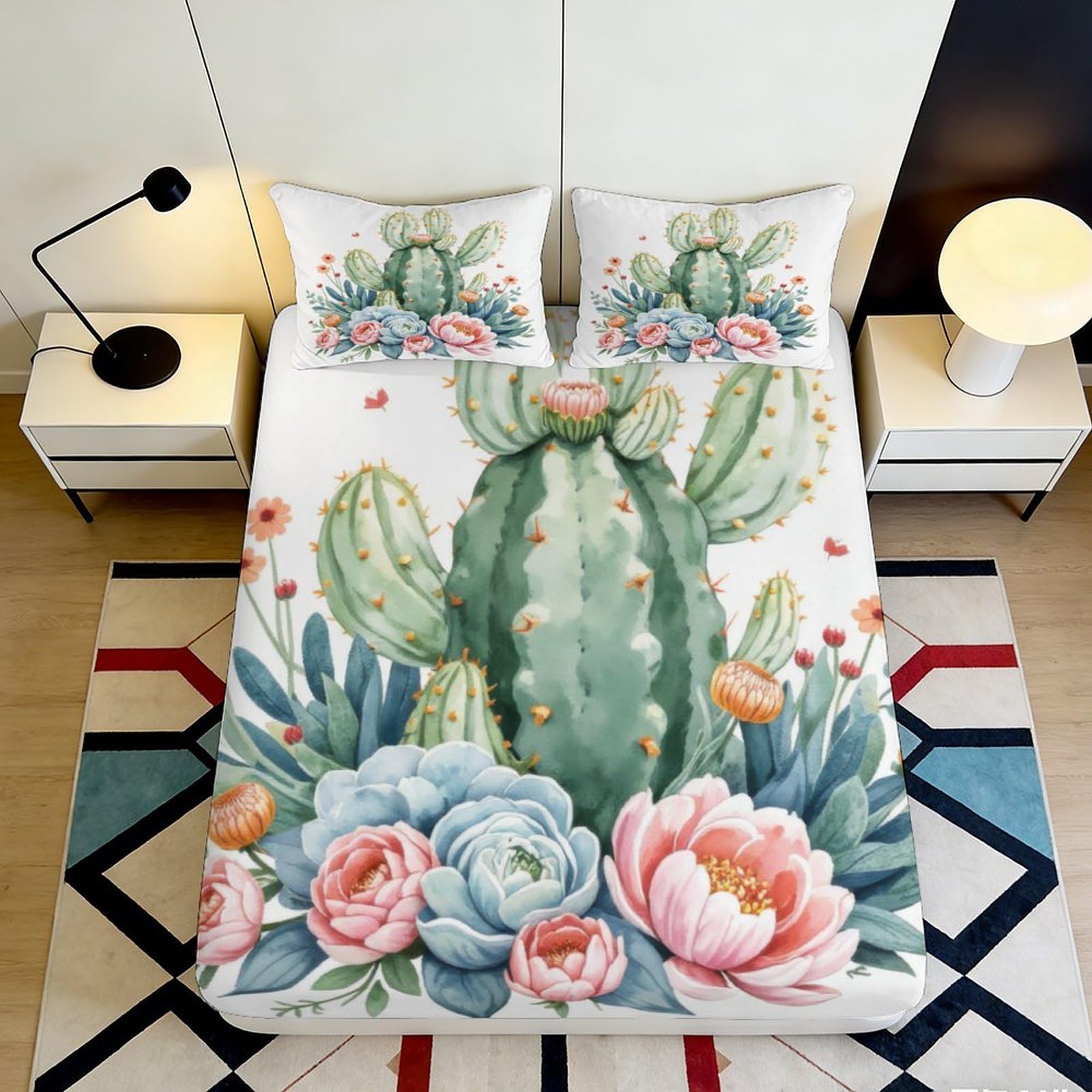 3D Printed Cactus Floral Fitted Sheet Microfiber Breathable Succulent Blossom Mattress Cover for Bedroom Guest Room Decor 90x200x25cm