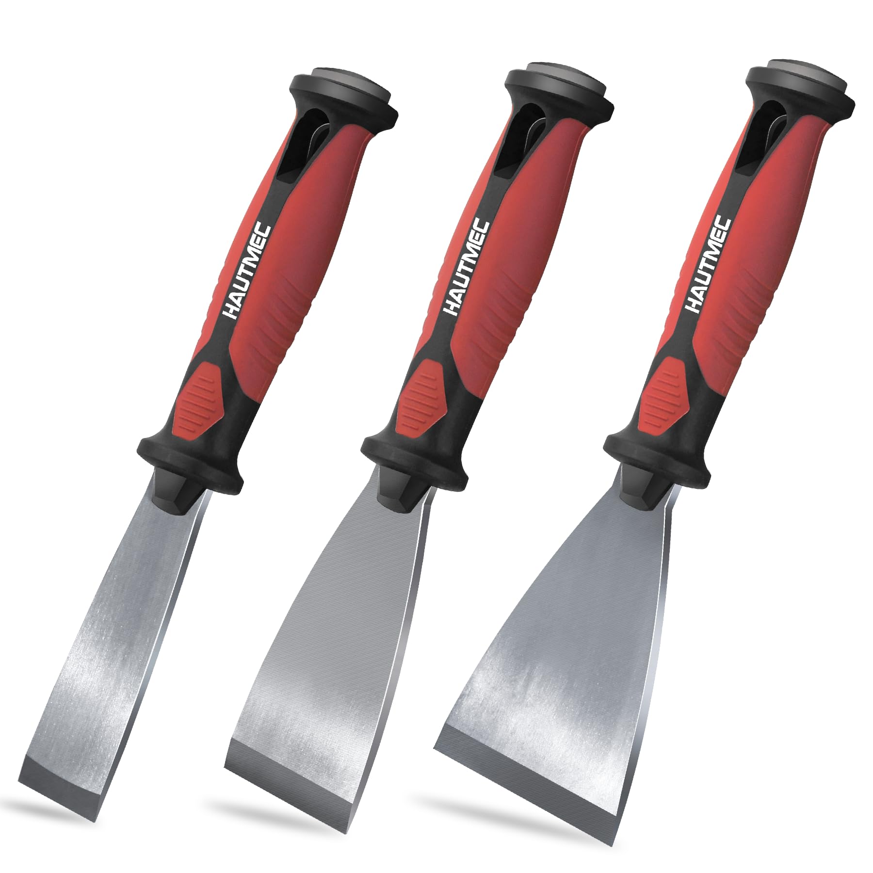 Paint Scraper Set 3 Pcs, 1.25",2",3" Wallpaper Scraper Heavy Duty Stainless Steel Blade Putty Knife, Hammer End and Full Tang Design for Removing Wallpaper,Plaster, Cement HT0062