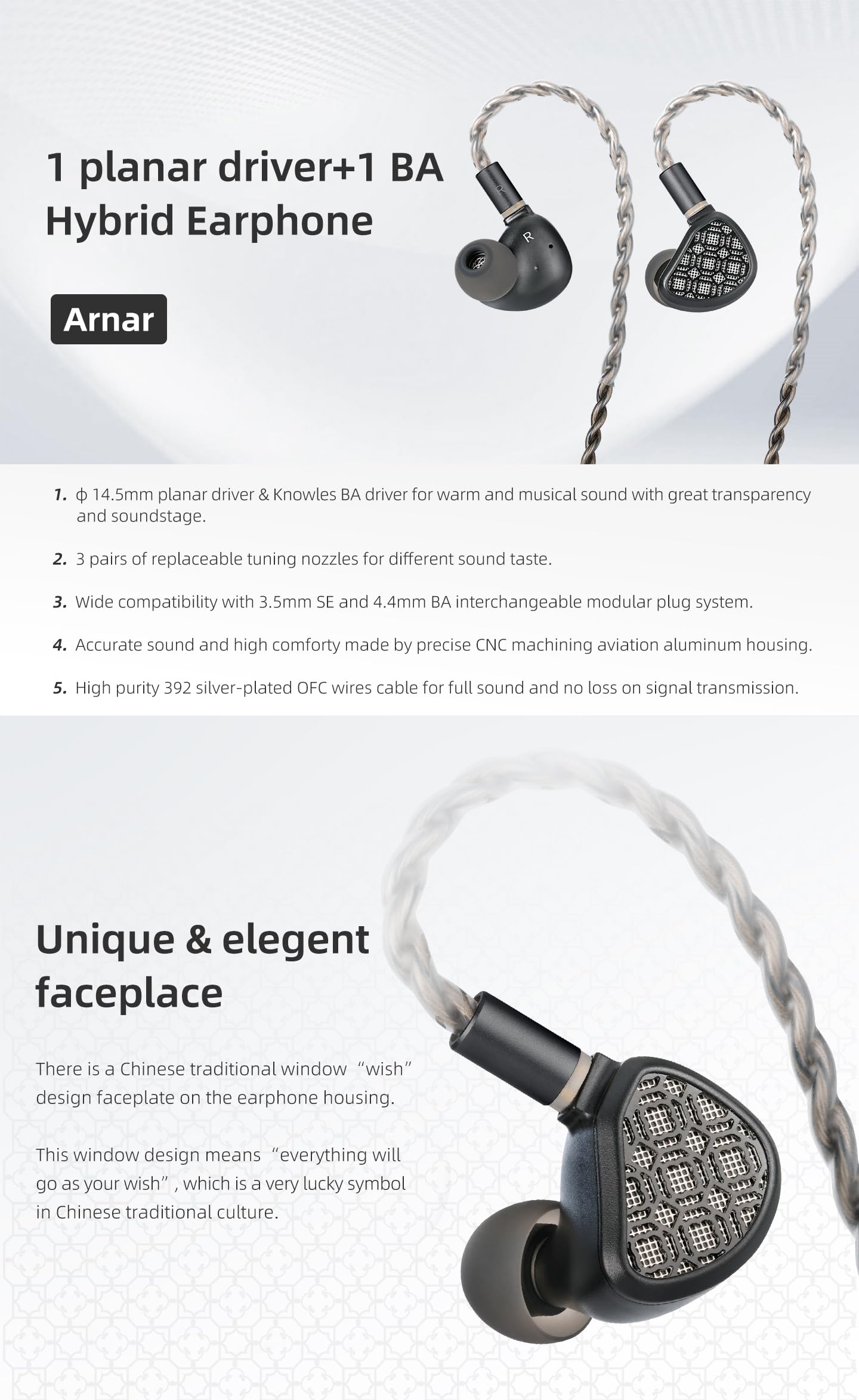 KGUSS KEFINE Arnar Monitory Hi-Fi douszne, 1 płaski przetwornik + 1 hybrydowe słuchawki douszne BA, przewodowe słuchawki 3,5/4,4 mm, odłączany kabel 0,78 mm, 2-pinowy, 3 pary wymiennych zatyczek do