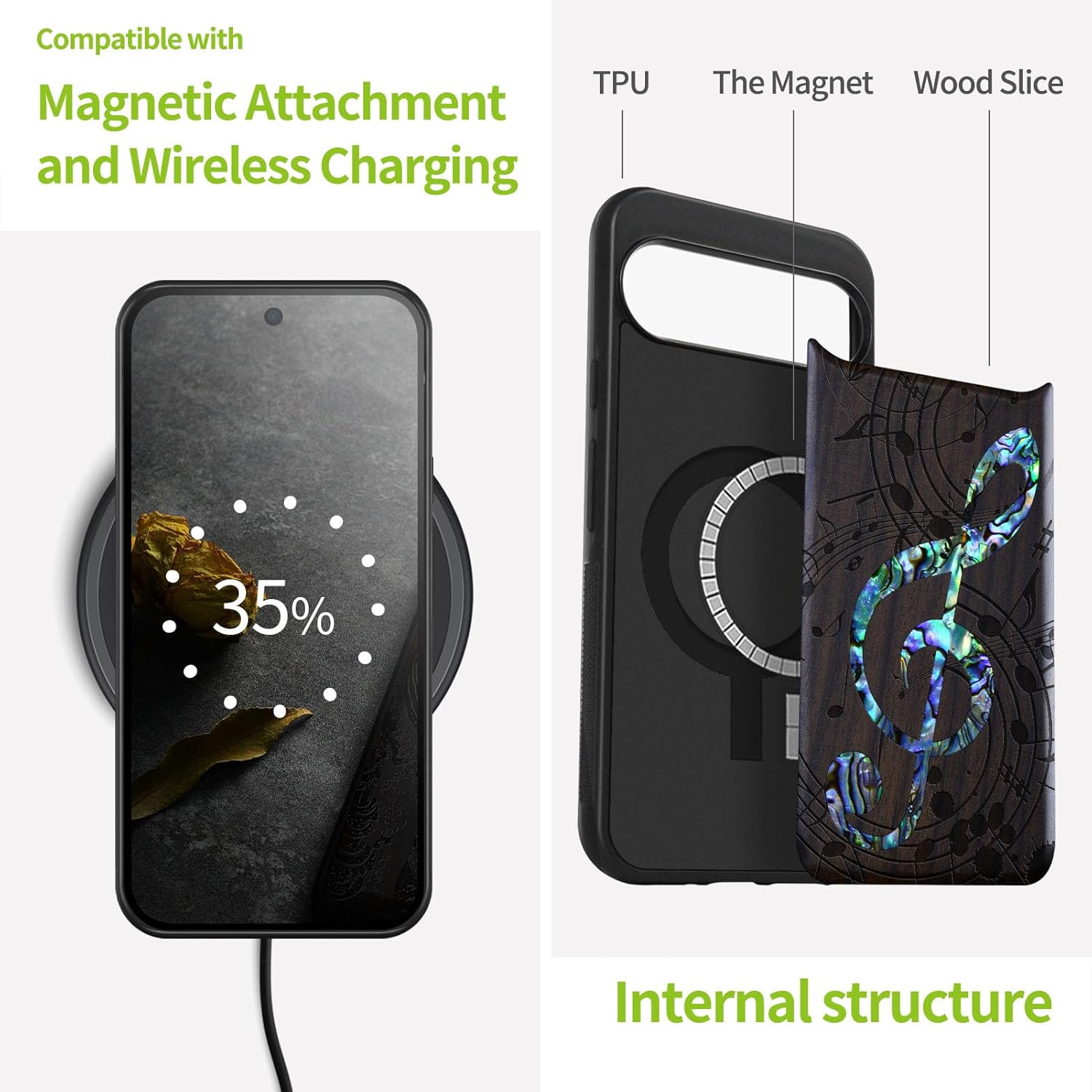 Carveit Magnetic Wooden Case for Pixel 9 Pro / 9 Pro Case, Wood Artisan Engraved & Handmade Shell Inlaid, Compatible with MagSafe Wireless Chargers, Musical Note - Blackwood