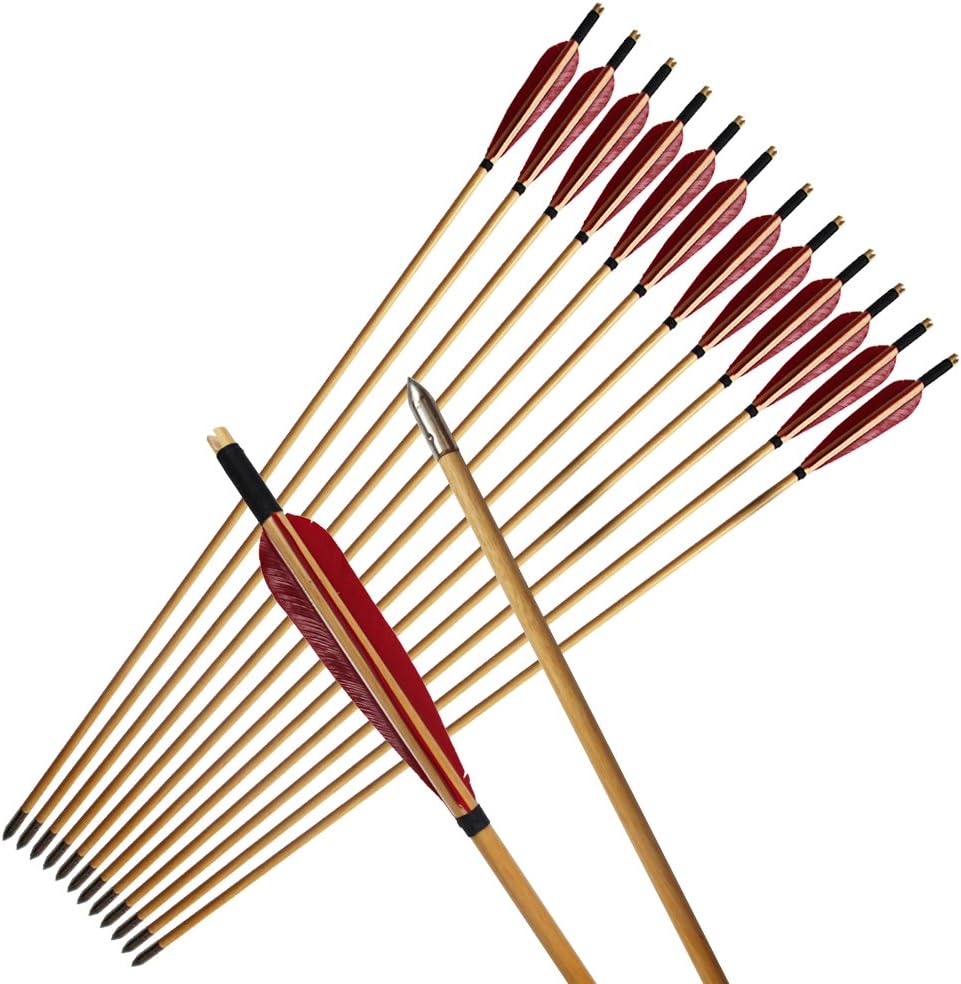 33inch Wooden Arrows Handmade Tradition Target Arrows with Turkey Feather Fletching with Field Points for Recurve Bow Longbow Archery Practice 12PACK