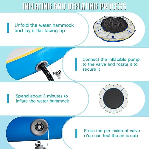Miniatura 8 de SPECRAFT Hamaca inflable de agua de 12 pies, muelle flotante redondo con balsa inflable de malla, plataforma de anillo flotante con soporte para