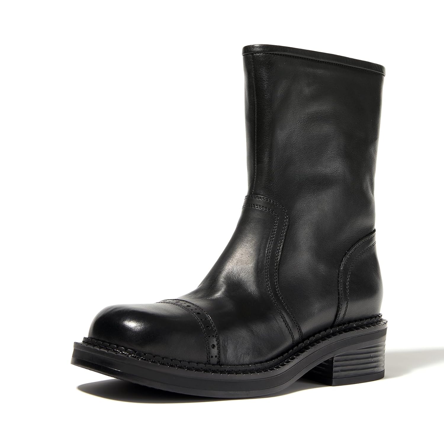 Womens Mid-Calf Cowboy Boots Western Style Zipper Boots Genuine Leather Chunky Heel Perfect for Skirts and Jeans