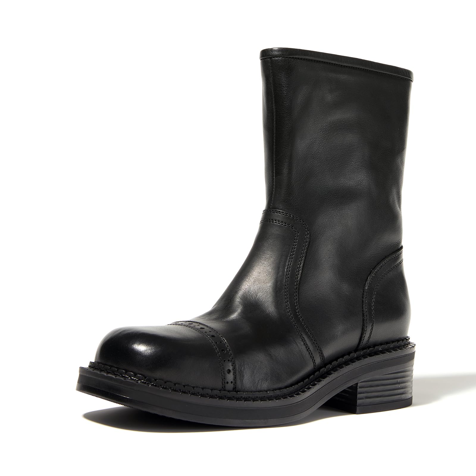Womens Mid-Calf Cowboy Boots Western Style Zipper Boots Genuine Leather Chunky Heel Perfect for Skirts and Jeans