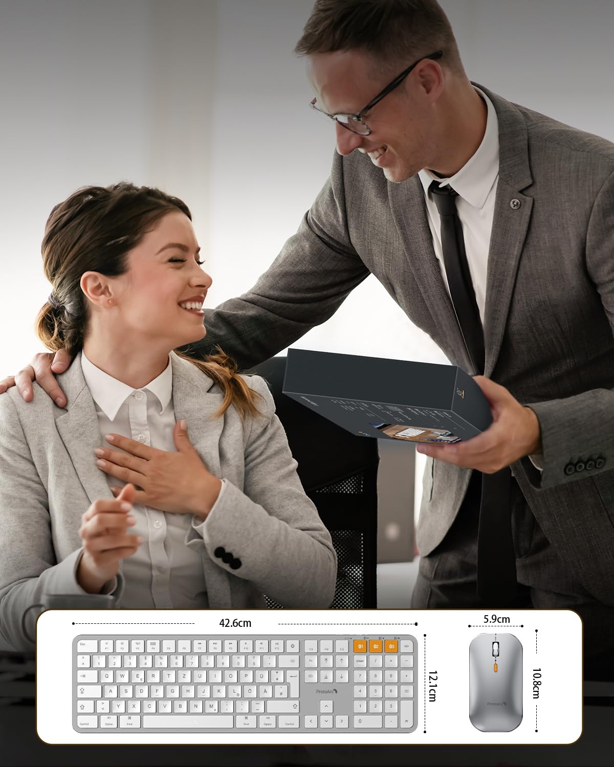 ProtoArc KM100-A Beleuchtet Tastatur Maus Set Kabellos für Mac, Bluetooth QWERTZ Funk Tastatur mit Maus, Wireless Flach Keyboard Multi-Gerät für MacBook Pro, MacBook Air, iPhone, iPad, Weiße