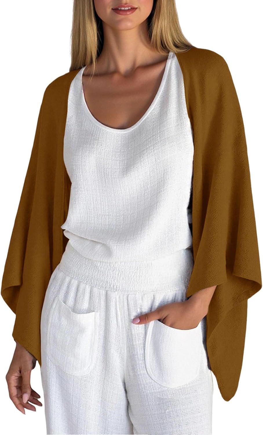 Women's Open Front Cardigan Lightweight Soft 3/4 Sleeve High-Low Draped Hem Loose Fit Casual Duster Linen Coats