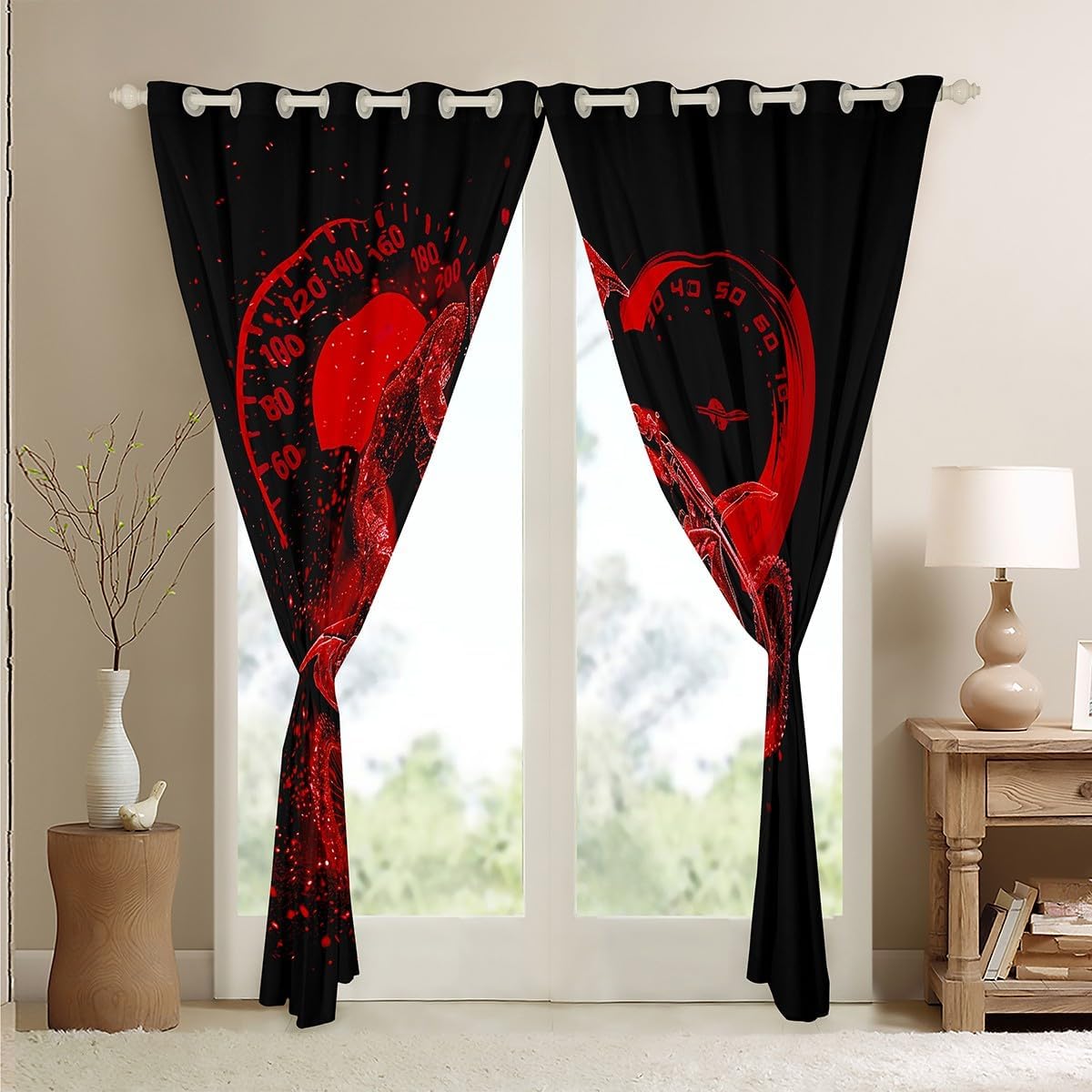 Feelyou Motocross Window Drapes Treatments Black Red Dirt Bike Rider Curtains for Kids Boys Girls Racing Themed Window Drapes Fashion Motorcycle Silhouette Window Treatments, 52W X 63L,2 Panels