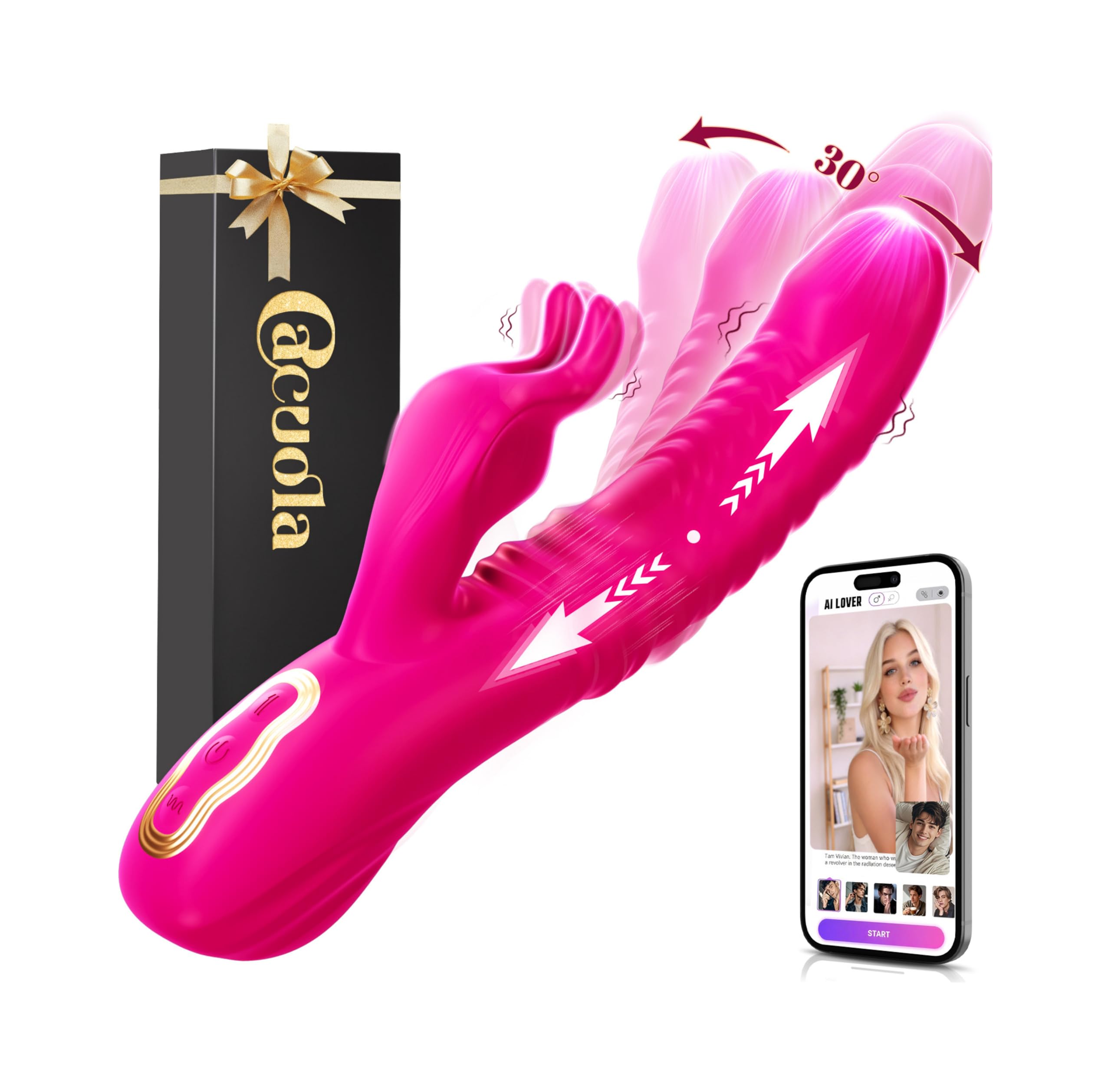 Cacuola Vibrador Conejo 3 en 1 para Mujer con Empuje Telescópico, Balanceo de 30° y Vibración Profunda, Estimulación Triple del Punto G, Clítoris y Zona A, Control por App, Silicona Suave, Impermeable