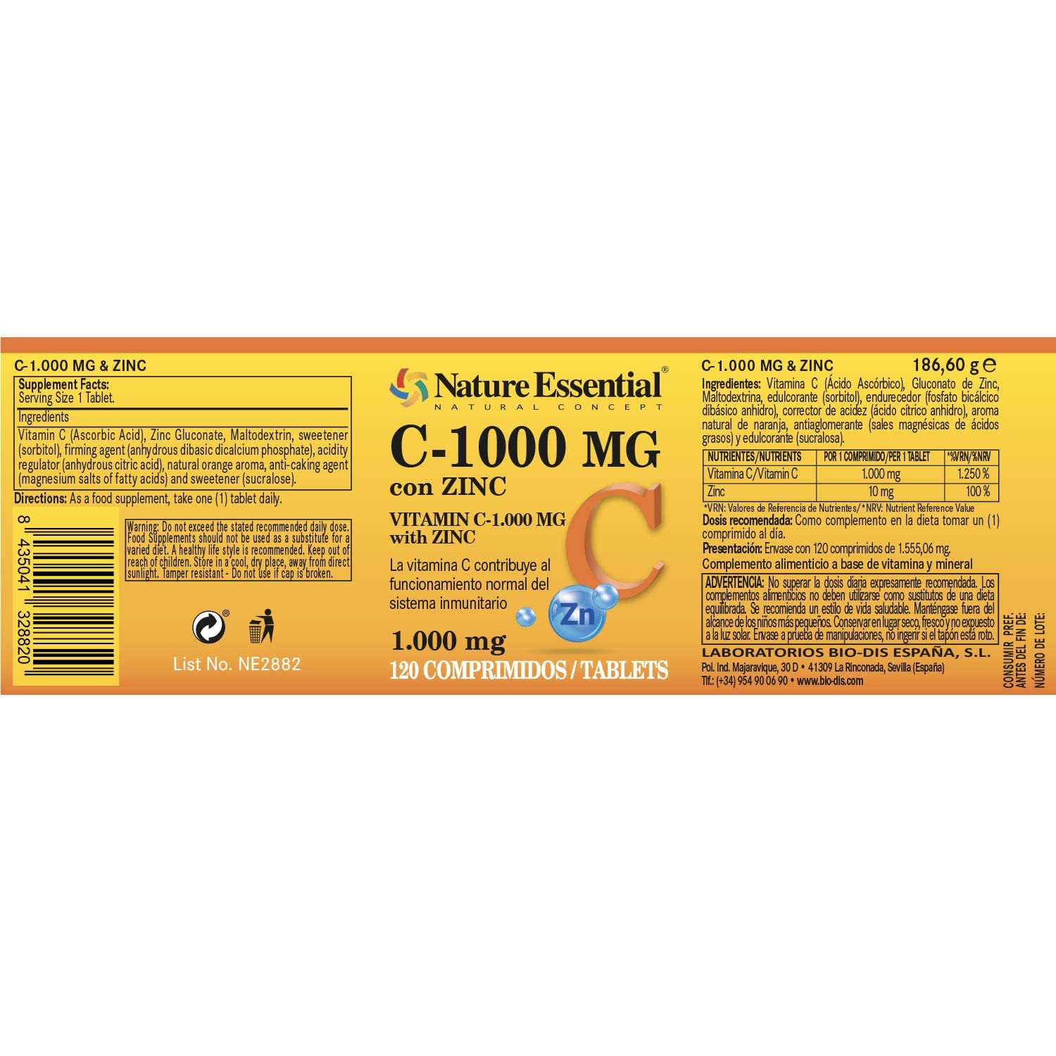 Nature Essential - Vitamina C y Zinc - 360 Comprimidos - Bote 12 Meses - Ayuda al Ánimo, al Sistema Inmune y Reducir el Cansancio - C-1000 MG - Pack 3