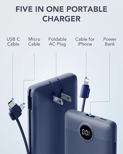 Miniatura 2 de VRURC Cargador portátil con cables y enchufe de pared, banco de energía con cables, cargador portátil de 10000 mAh con enchufe de CA, batería