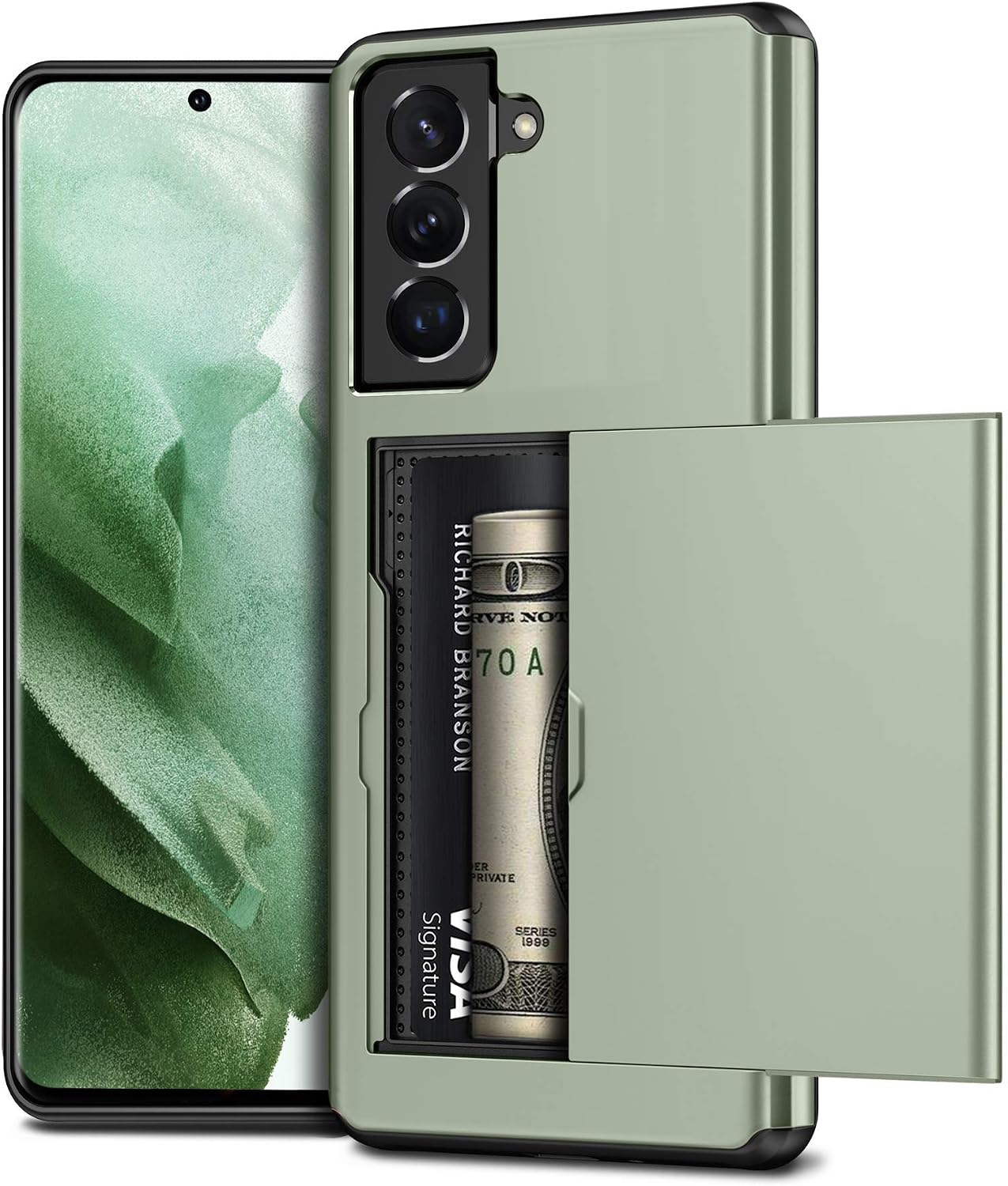 Vofolen for Galaxy S21 Case Card Holder Wallet Cover ID Slot Sliding Door Men Women Hidden Back Pocket Anti-Scratch Dual Layer Hybrid Bumper Armor Protective Hard Shell Case for Galaxy S21 Army Green