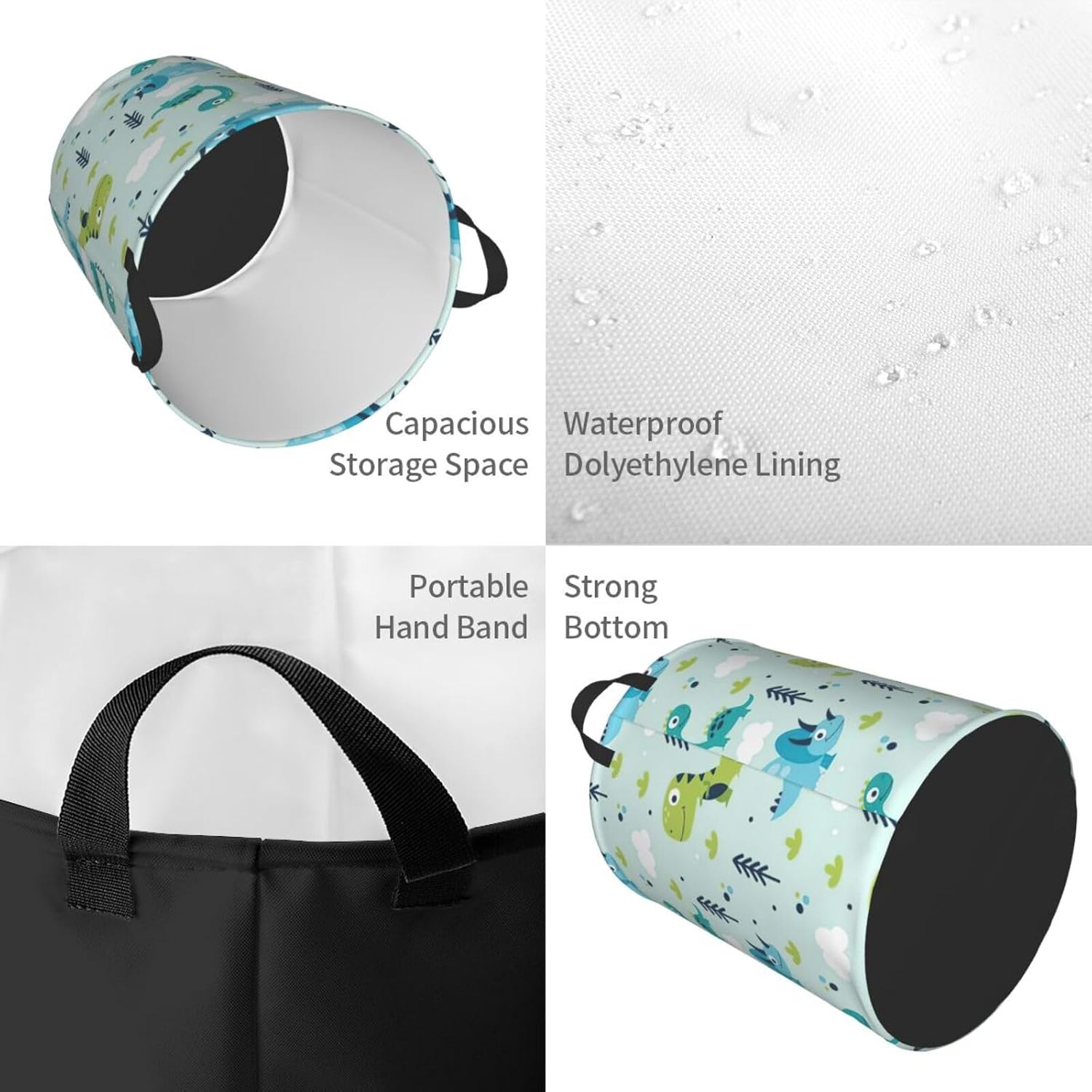 Dinosaur Pattern Print Circular Protable Storage Bin,Basket For Laundry Hamper With Handles Bedroom Clothes