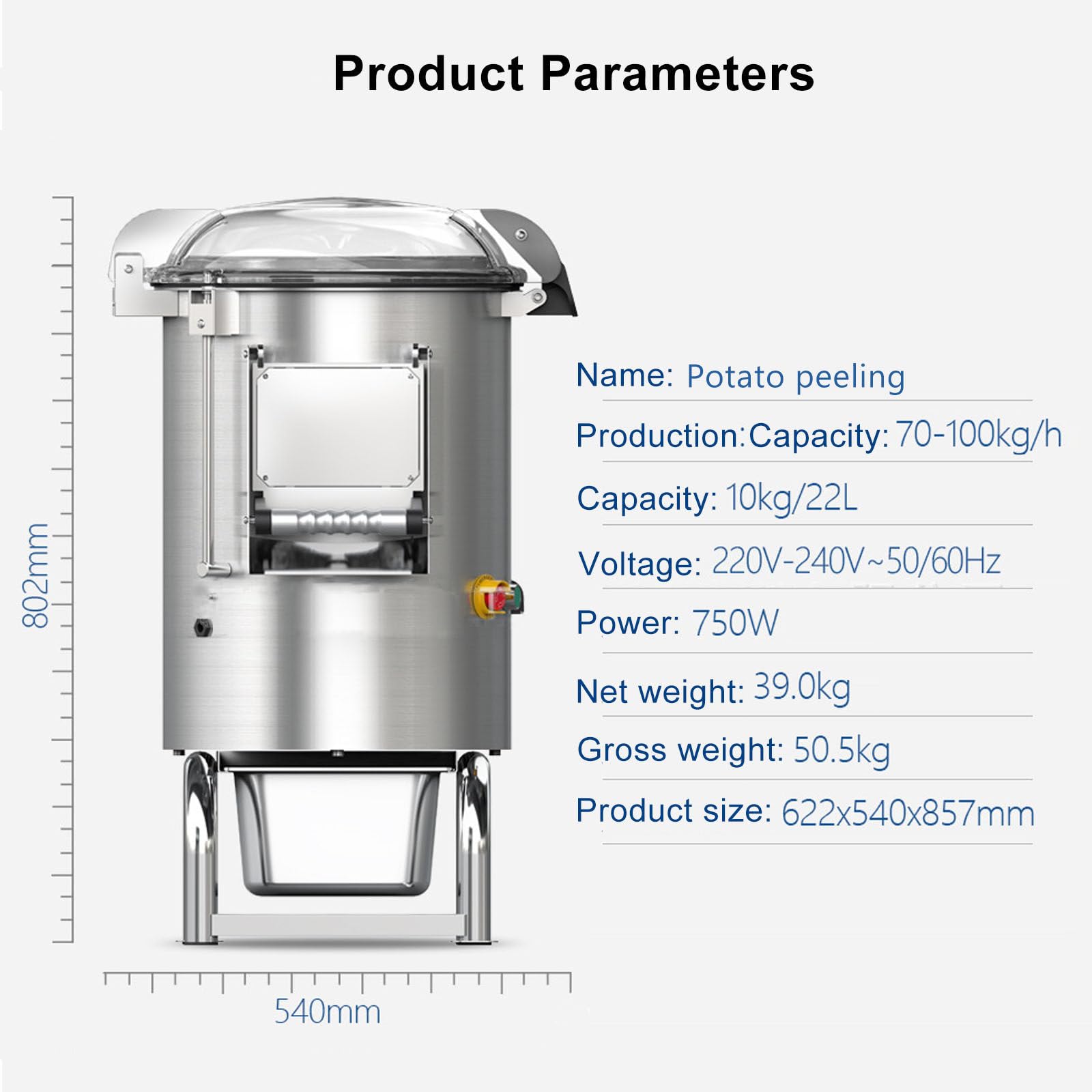 Peladora de Patatas Profesional de 750 W, 70-100 kg/h, con un Solo Toque/Capacidad de 5 kg, Elimina la Piel de Frutas y Verduras, Lavadora de Patatas eléctrica, 110 V