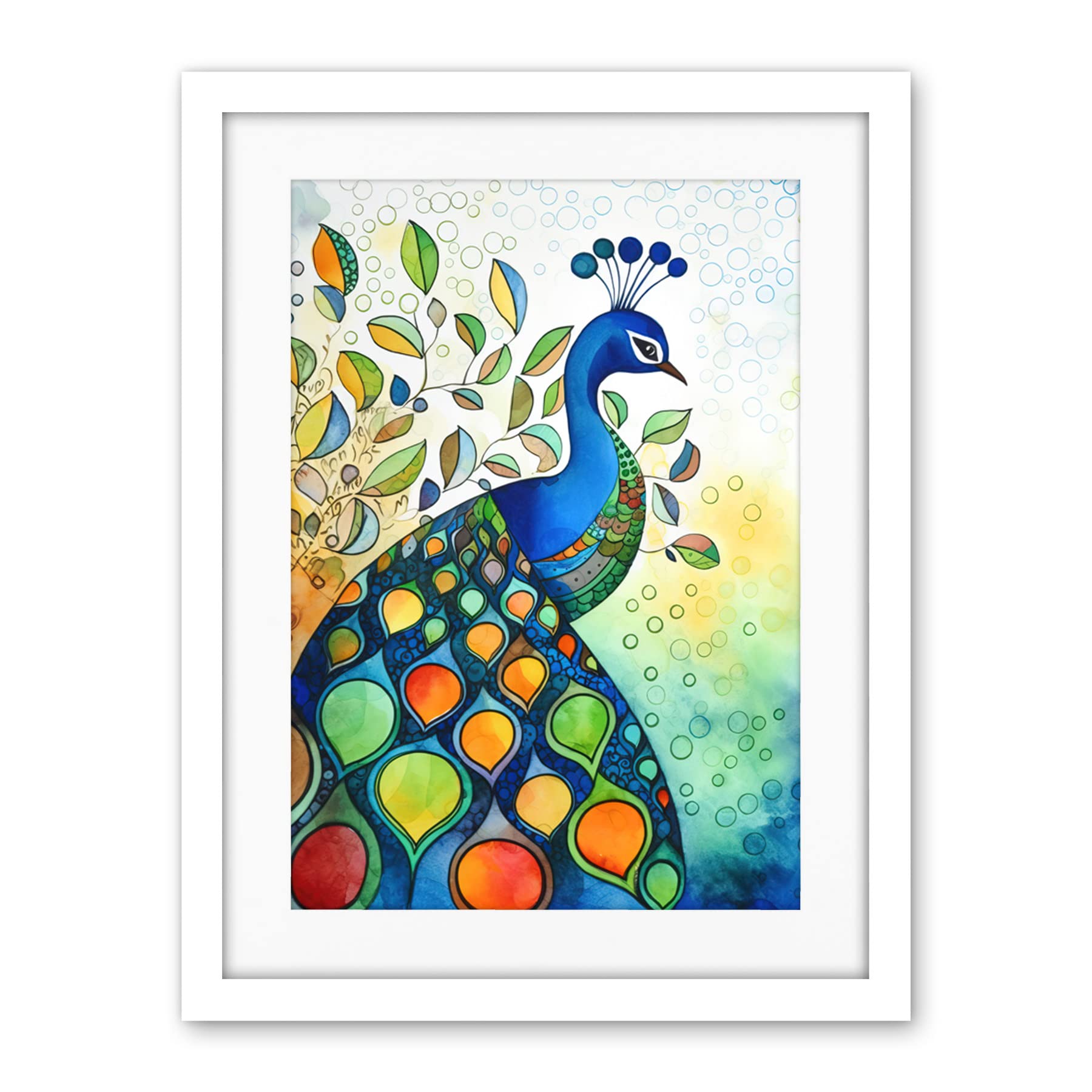 Artery8 Peacock Bird Folk Art Watercolour Painting Artwork Framed Wall Art Print 18X24 Inch