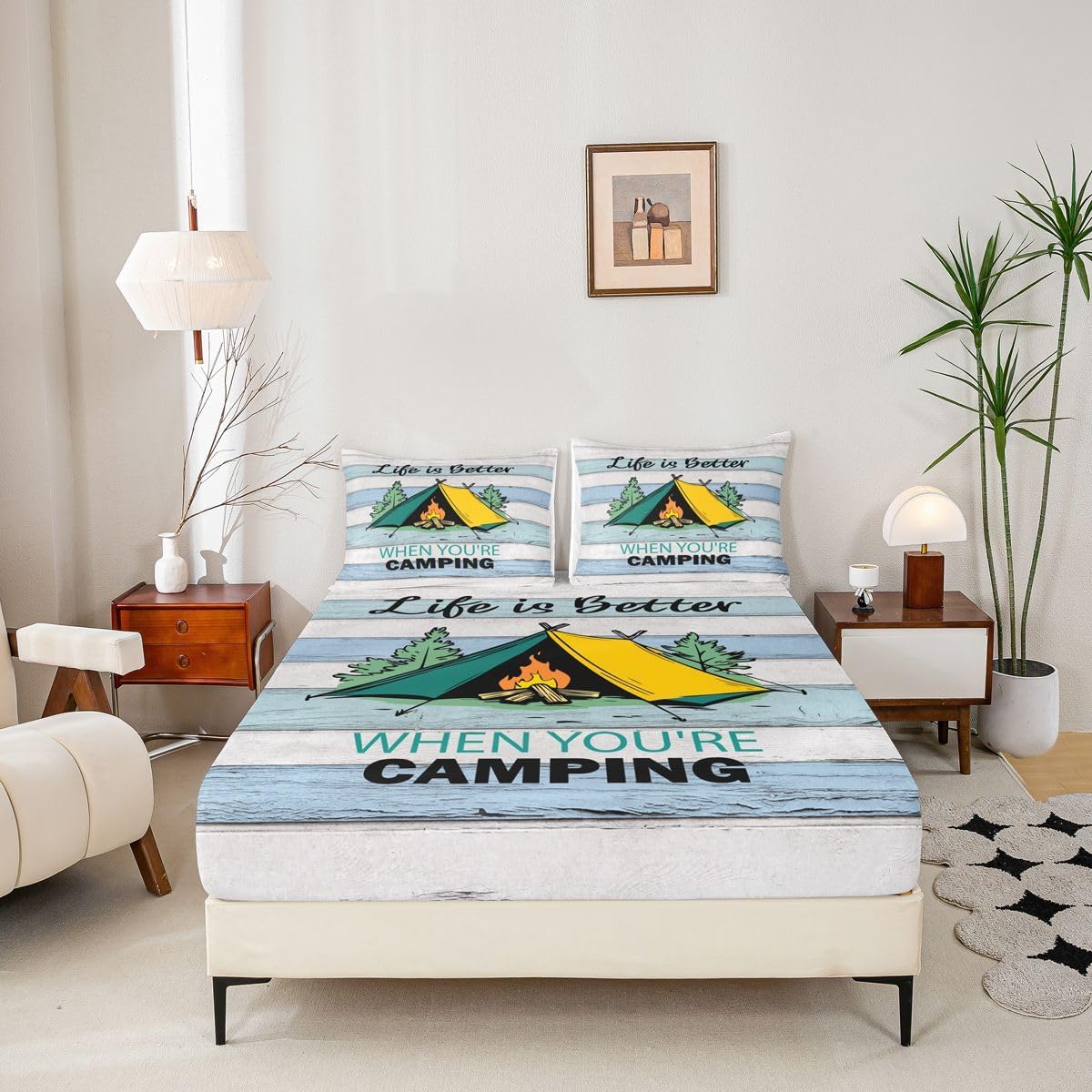 Feelyou Camper Bed Sheets Set Full Size Happy Camping Bed Set for Kids Boys Girls RV Camping Deep Pocket Fitted Sheet Camper Accessories for Travel Trailers Breathable Soft Lightweight Microfiber