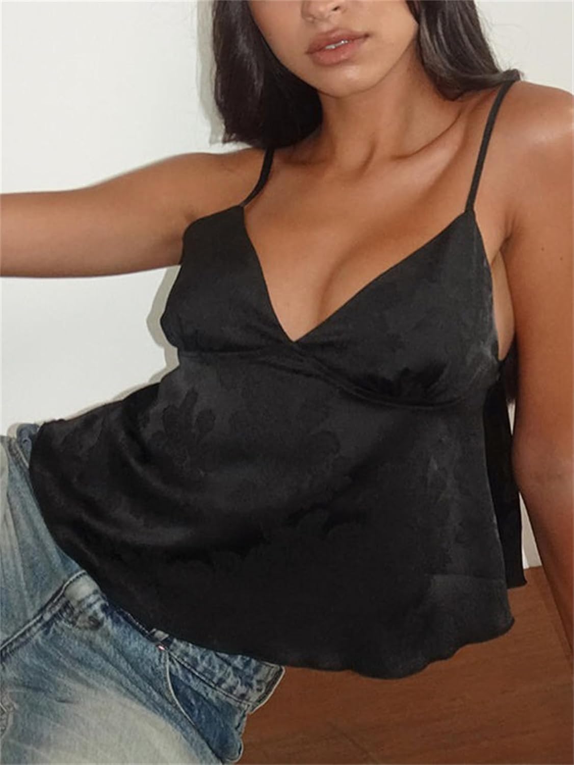 Women Cute Satin Jacquard Camisole Fairycore Embroidery Floral Spaghetti Strap V Neck Flowy Mini Cami Top Going Out Top - Image 4