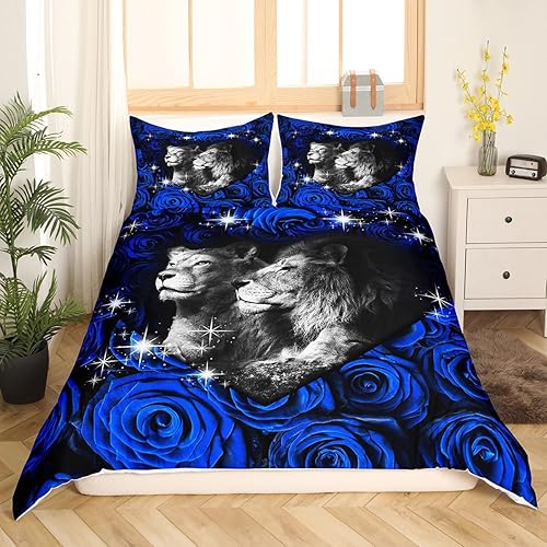 Miniatura 3 de Manfei Juego de funda de edredón de león en 3D, tamaño individual, funda de edredón de flores de rosa azul con 1 funda de almohada, juego de ropa de