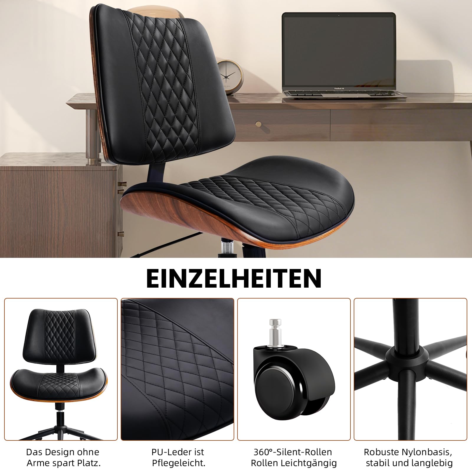 Durrafy Bürostuhl ohne Armlehnen, PU-Leder Schreibtischstuhl mit Walnusssockel, Moderner Drehstuhl für Homeoffice, höhenverstellbar mit Wippfunktion, bis 136 kg belastbar, 360° drehbar, Schwarz-Braun