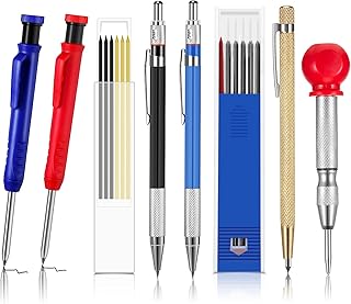 8 Pieces Carpenter Scriber Marking Kit Includes 4 Mechanical Carpenter Pencils, 2 Packs Marker Refills, Metal Carbide Scriber and Automatic Center Punch Woodworker Tool for Glass, Ceramics, Steel