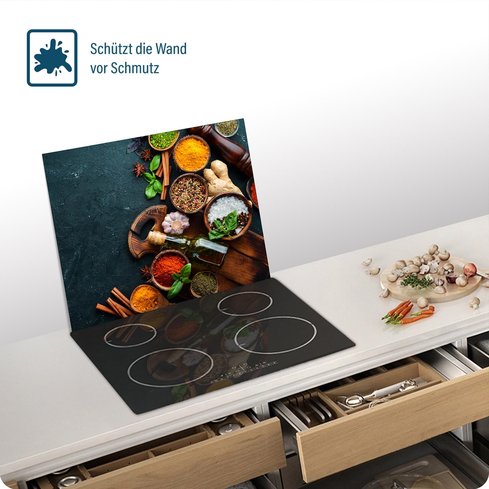 SFArt Protège-plaque 60x52 – Planche à découper en verre trempé 1 pièce – Induction & Vitrocéramique - Épices, Huile d'Olive-SFArt