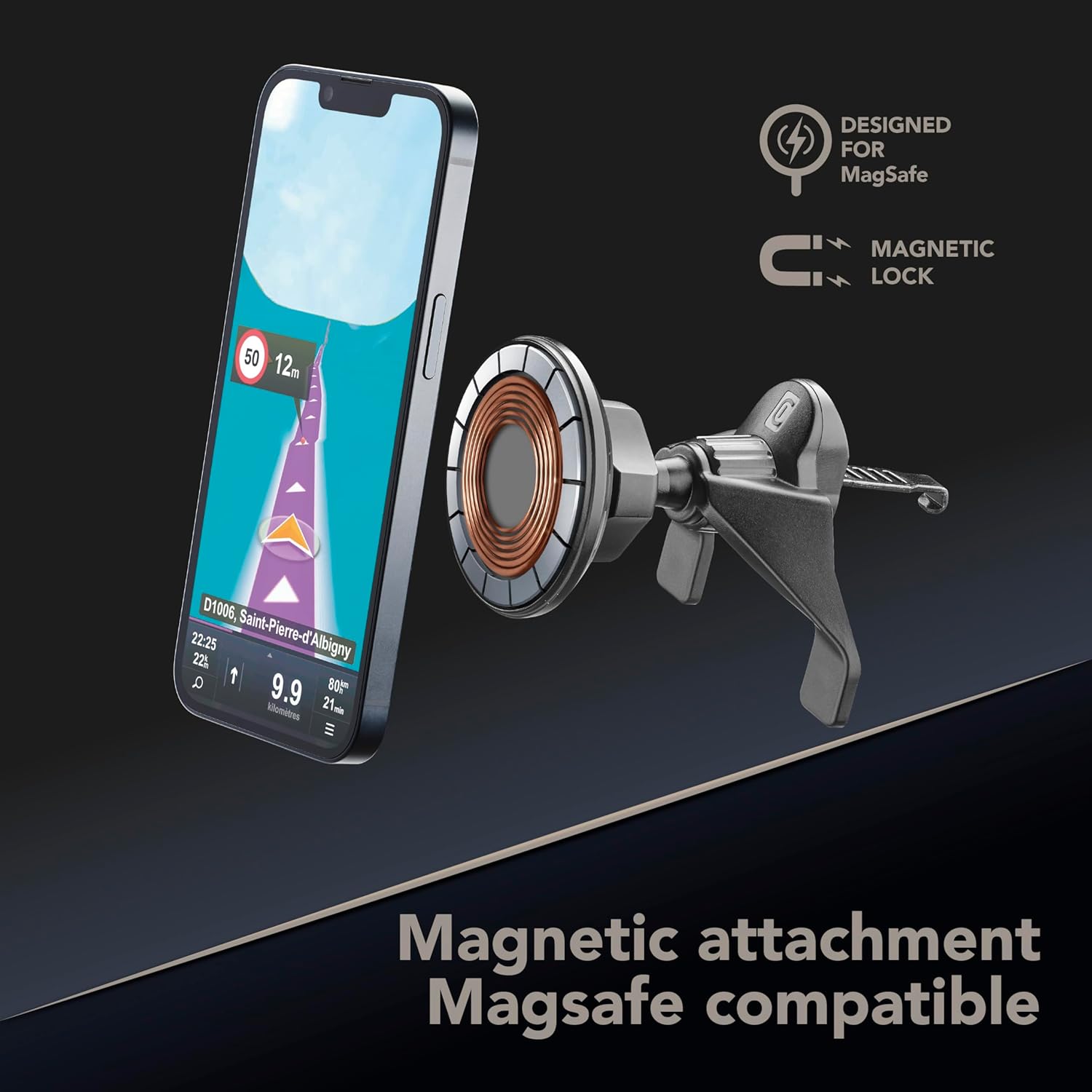 Close-up of the magnetic attachment mechanism of the cellularline MAG Wireless Charging Holder, showing its MagSafe compatibility.
