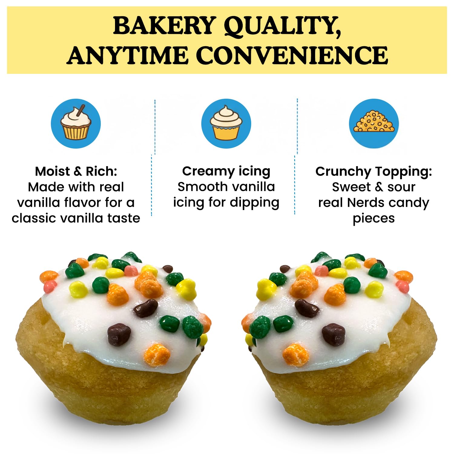 Cupcake Dippers for Kids & Adults - Moist Vanilla Cupcakes with Creamy Vanilla Icing & Real Nerds for Dipping - Perfect for Birthday Parties, Office Snack or Anytime Treat - Pack of 6