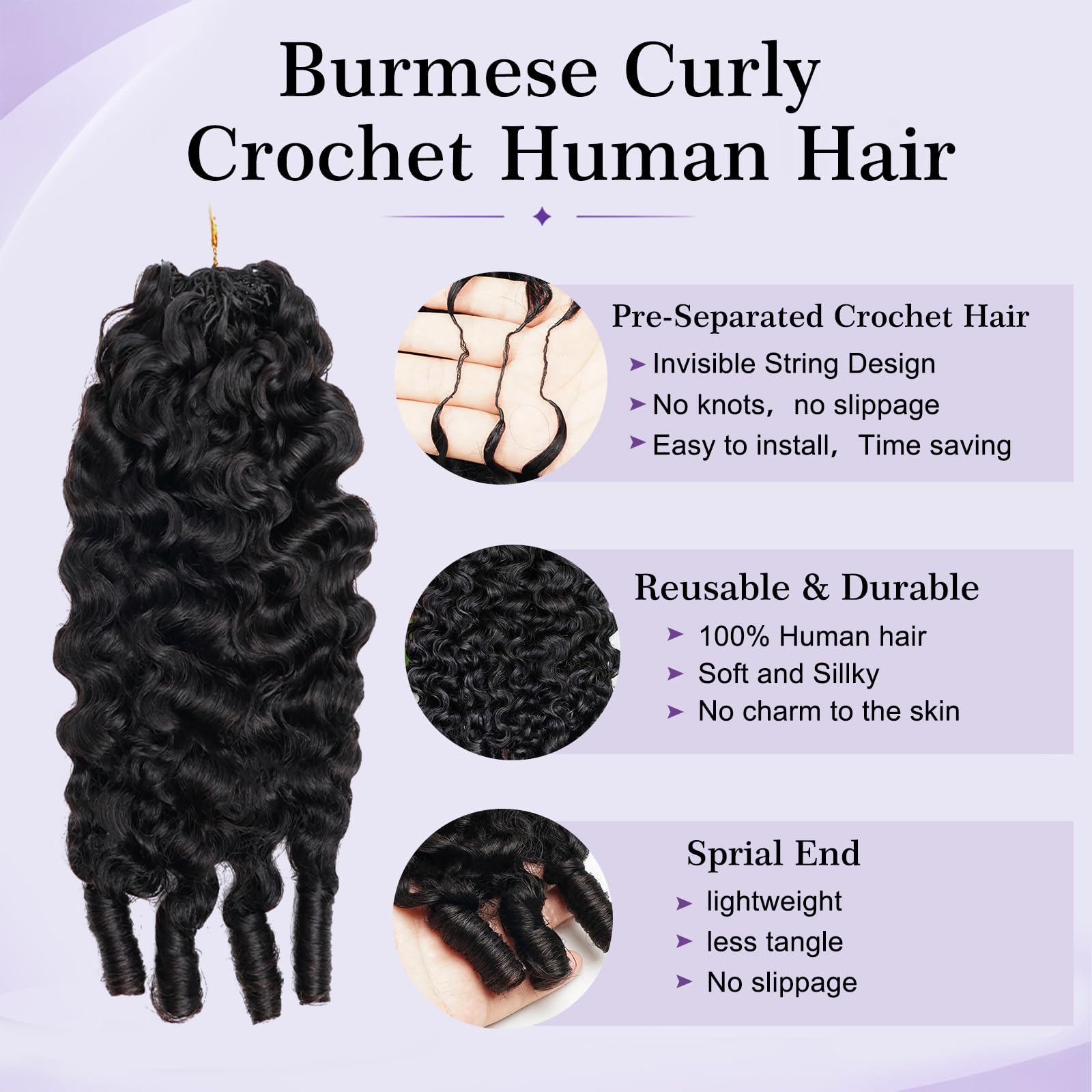 Cheveux humains bouclés bouclés au crochet - Plumes sans nœuds - 60 g