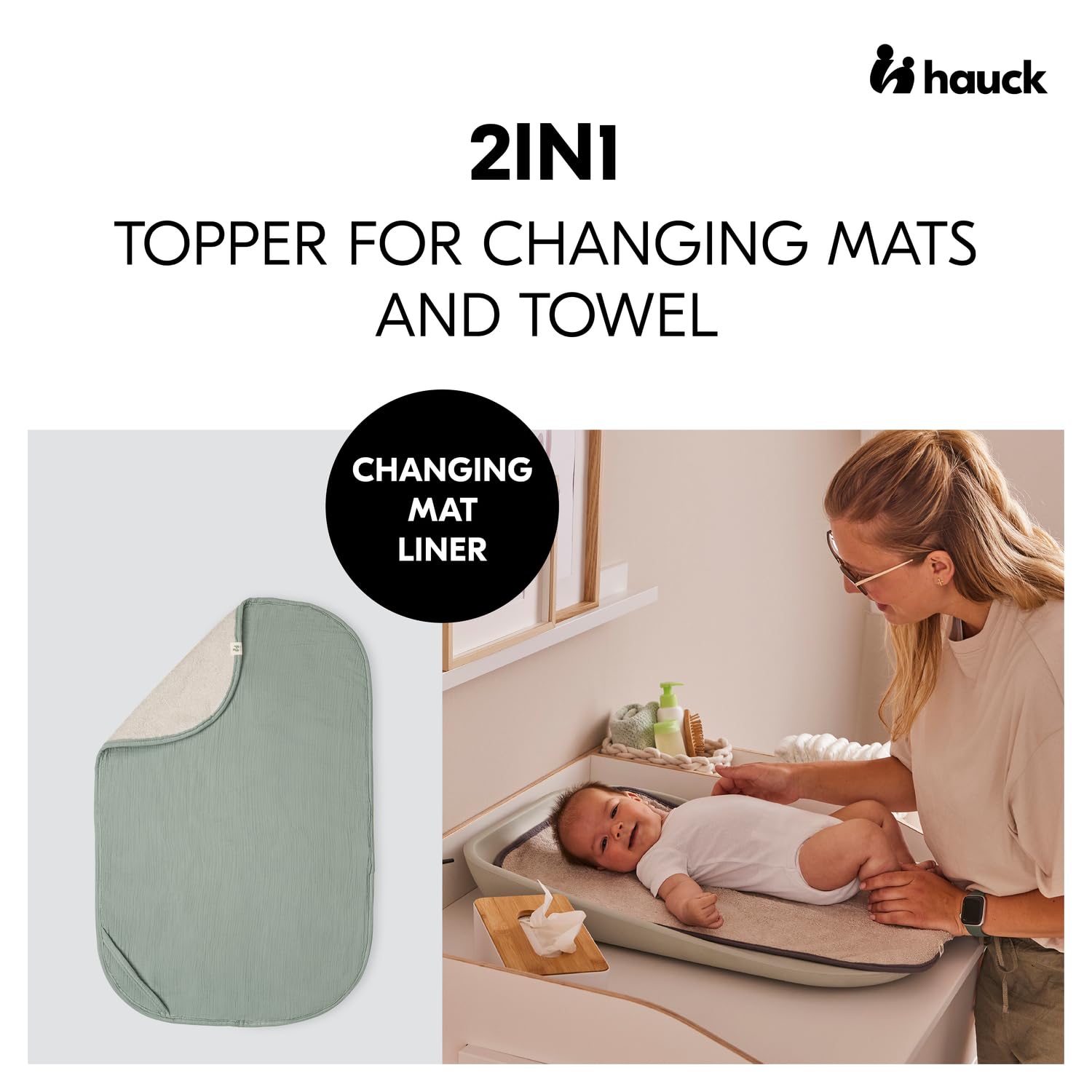hauck 2 in 1 Changing Mat Liner & Baby Towel, Sage - Breathable Muslin Cotton & Absorbent Terry Cloth, Machine Washable, Compatible with Change N Clean Changing Mat, Unisex - Image 2