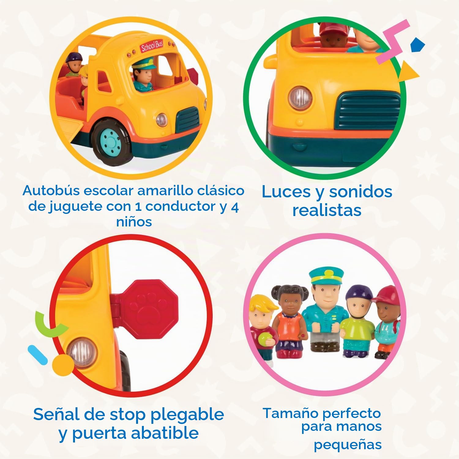 Battat - Autobús Escolar con Luces y Sonidos - Coche de Juguete con 5 Figuras para niños y bebés a Partir de 18 Meses (6 Piezas), Amarillo