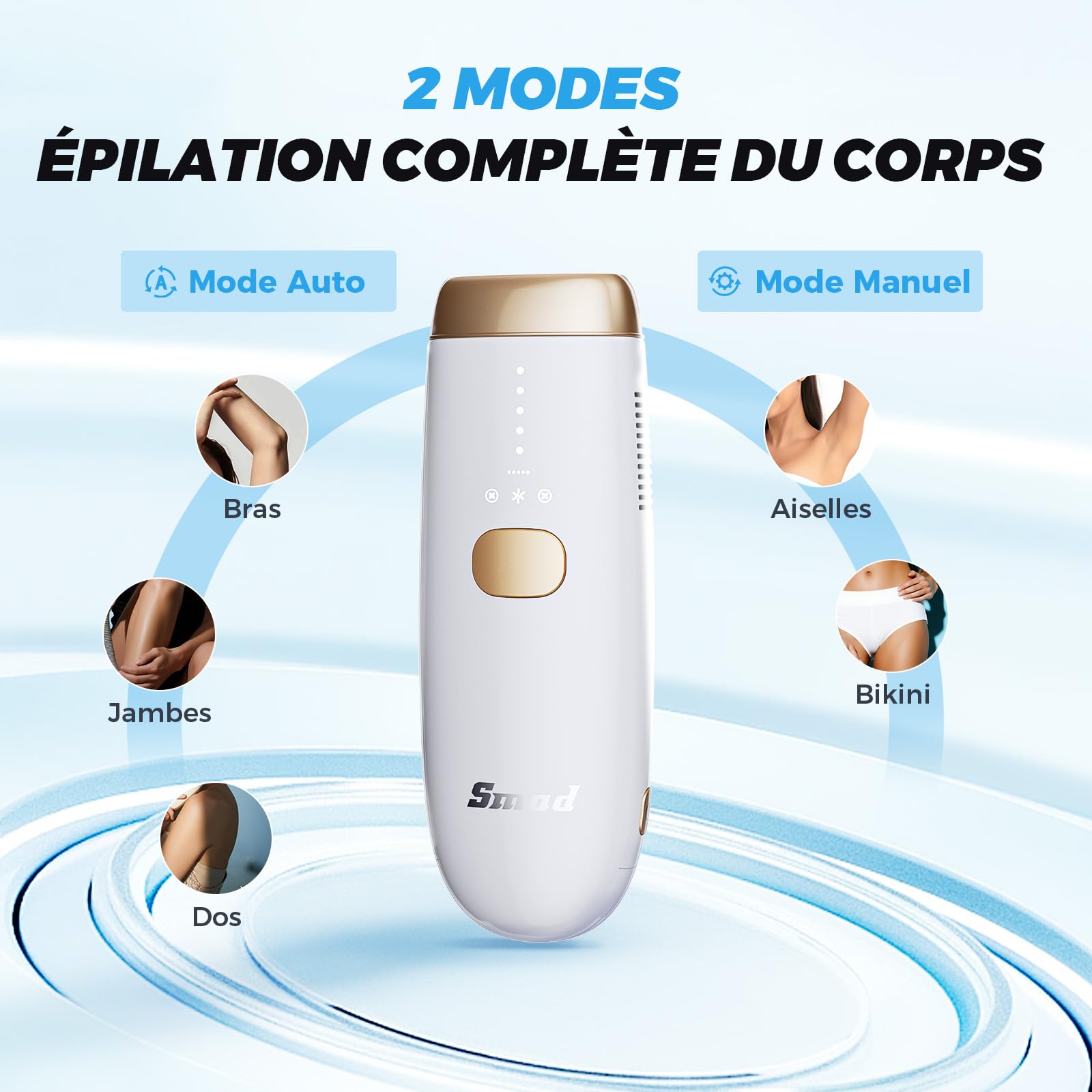 Smad Épilateur Lumière Pulsée, Épilateur IPL pour les Femmes et Hommes, Épilation Laser à Refroidissement Saphir, avec Lunettes de Protection, Rasoir et Adaptateurs