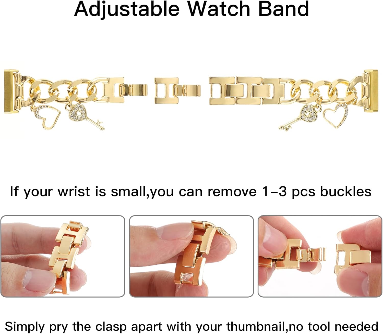 Stylish Metal Wristband Compatible with Fitbit Versa 3/Versa 4/Sense/Sense 2 Bands Women,Cuban Chain Band with Unique Charms Bling Love key Pendants Dressy Band Designer Strap - Image 2