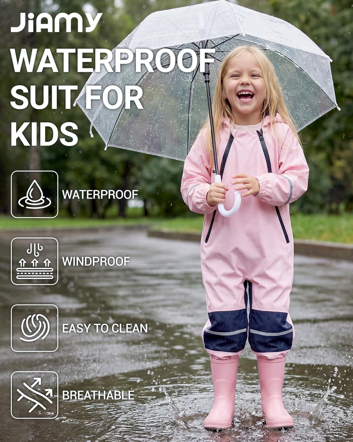 JiAmy Kids Waterproof Rain Suit Coverall, Hooded Full Body Raincoat for Outdoor Play & Muddy Days (Ages 1-8)