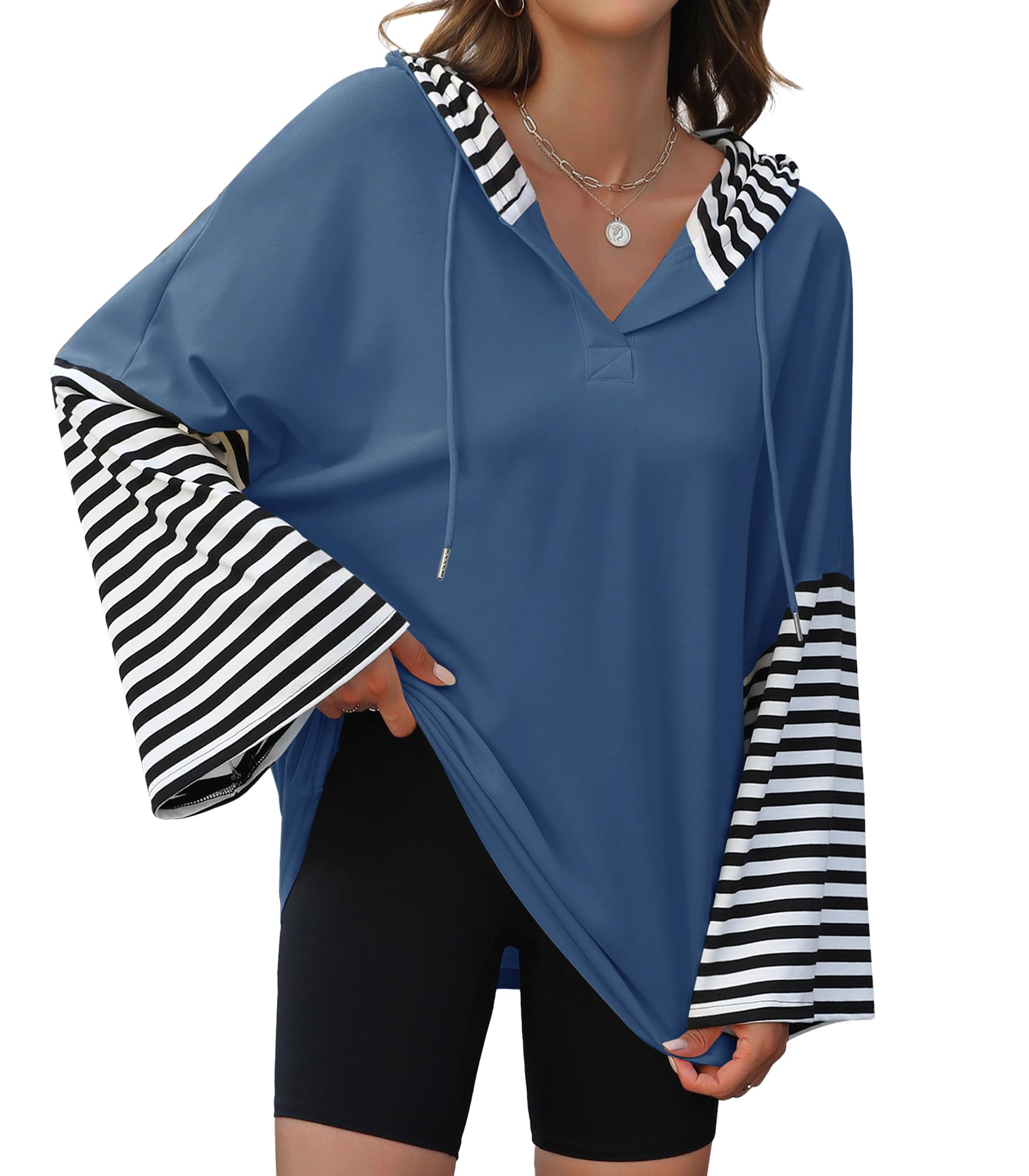 Womens Oversized Hoodie Y2K Casual Striped Sweatshirt Long Sleeve V Neck Pullover Tops Loose Fit Fall Clothes
