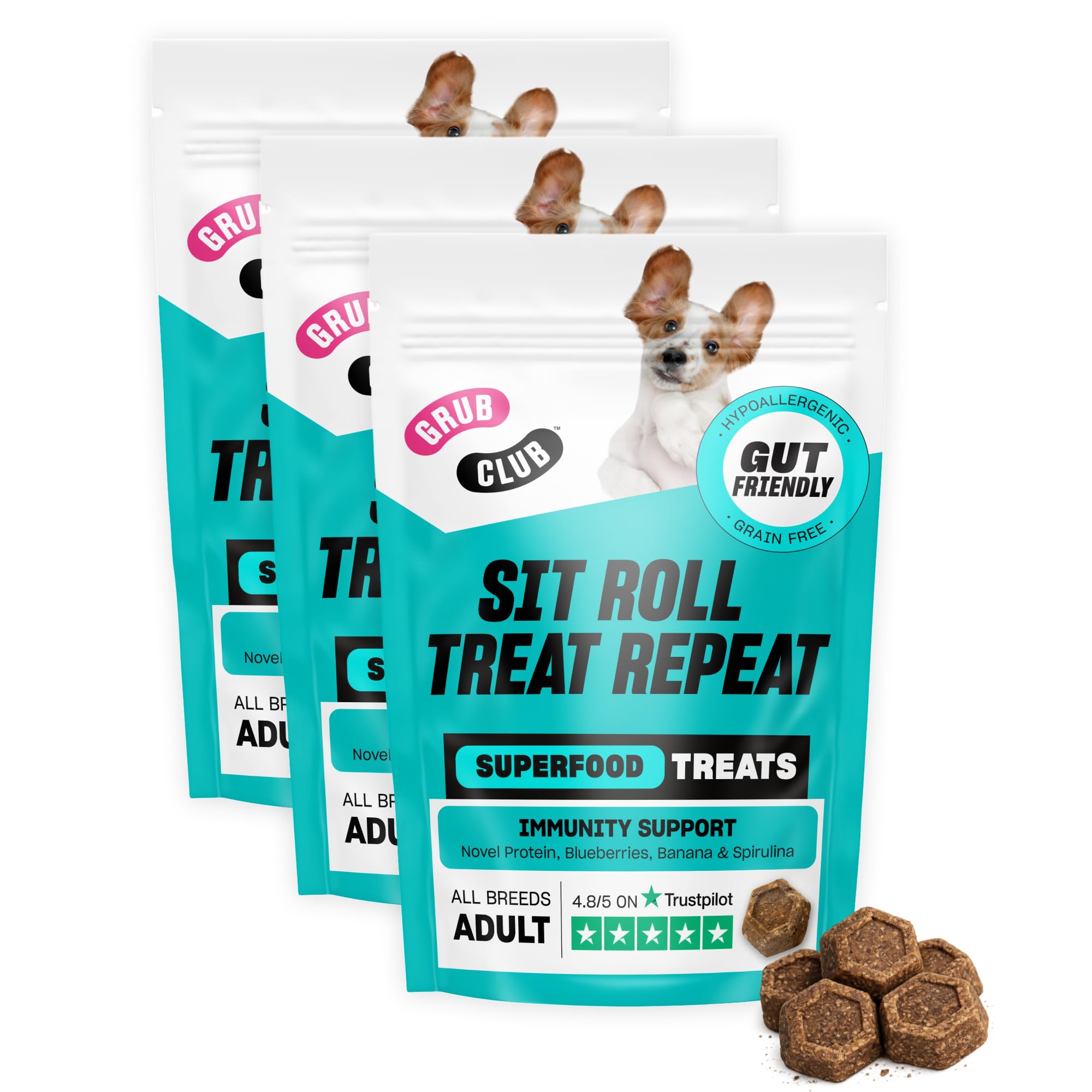 Insect Protein Superfood Dog Treats for Daily Training and High Value Rewards - Grain Free, High Protein and Planet Friendly - Sit Roll Treat Repeat (3 x 100g) - GRUB CLUB — image 1