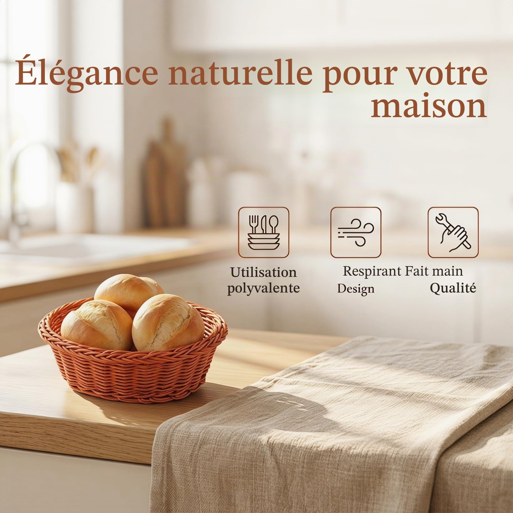 Lot de 10 petites corbeilles à pain ovales tissées à la main en rotin respirant et hygiénique pour la cuisine, les fruits, les collations, organisateur polyvalent pour la maison et la