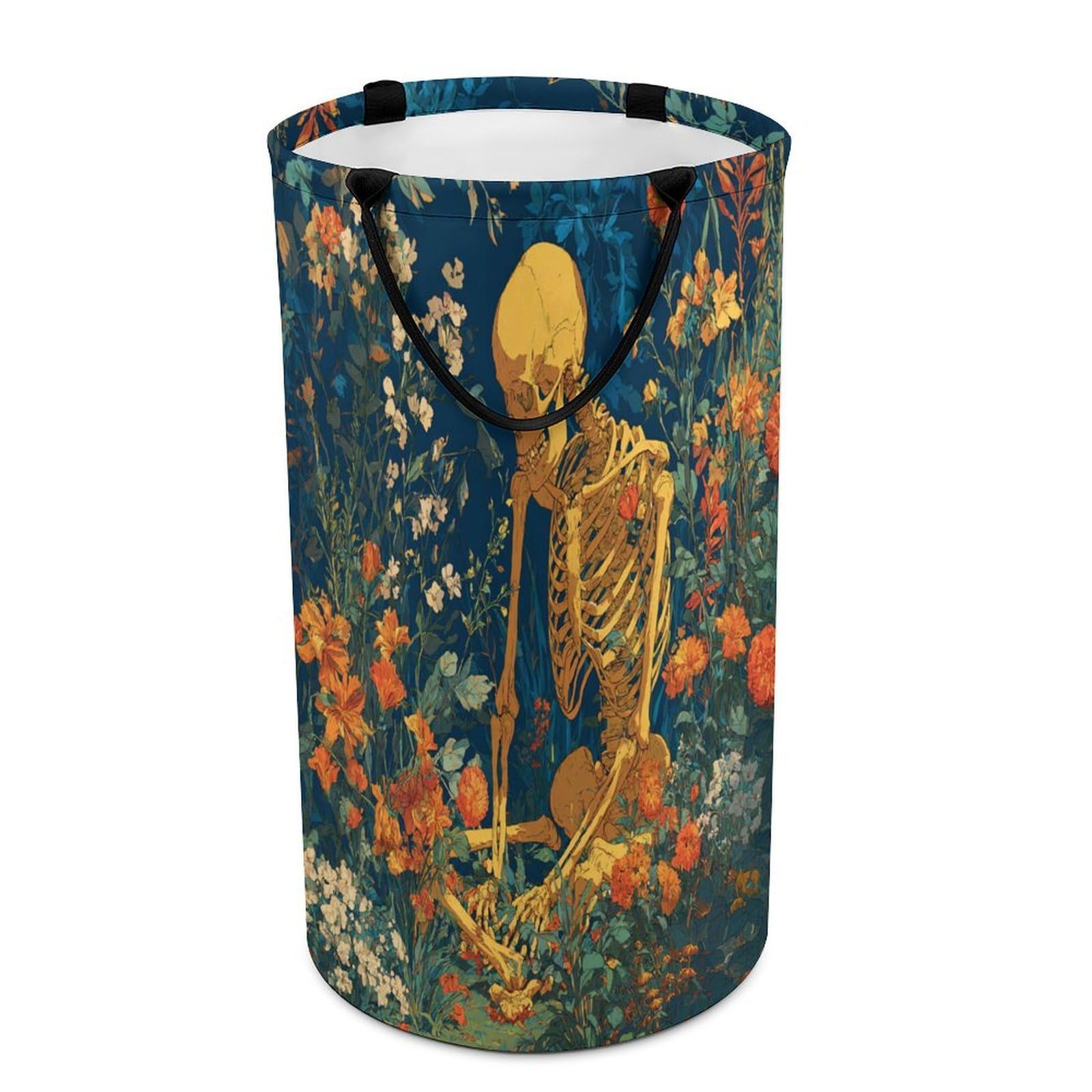 LUYYSKY Beautiful Vintage Gothic Skull Versatile Storage Laundry Basket, Rustic Watercolor Boho Garden Wildflowers Skull Skeloton Large Capacity Bathroom Hamper With Handle