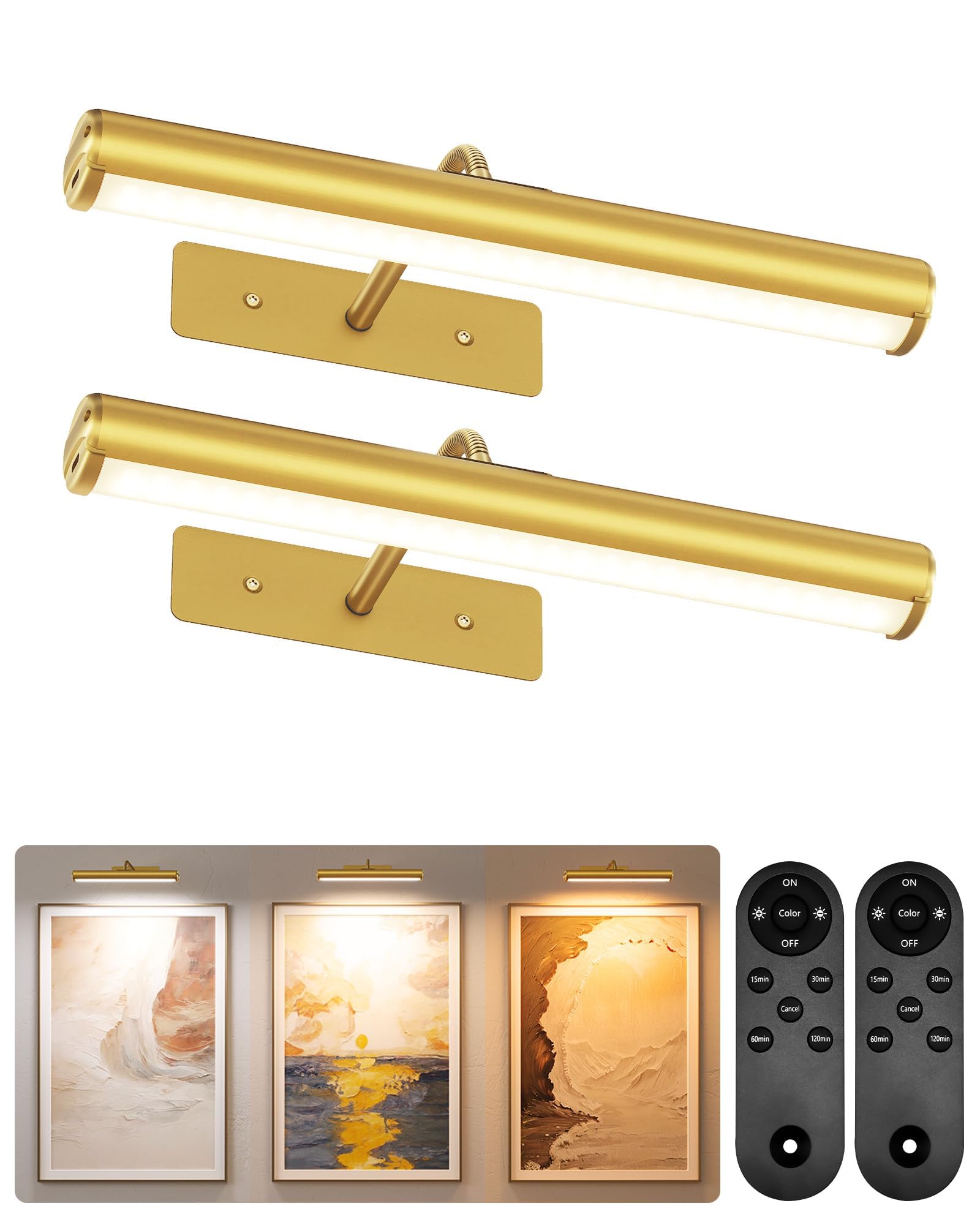 EZVALO Lampada da parete ricaricabile senza fili, 33 cm Illuminazione per Dipinti con Batteria Ricaricabile da 4000 mAh, Telecomando, Regolabile, applique a LED per Quadri e Dipinti - Oro | Lampada da parete da 33 cm con telecomando, dimmerabile e 3 tempe
