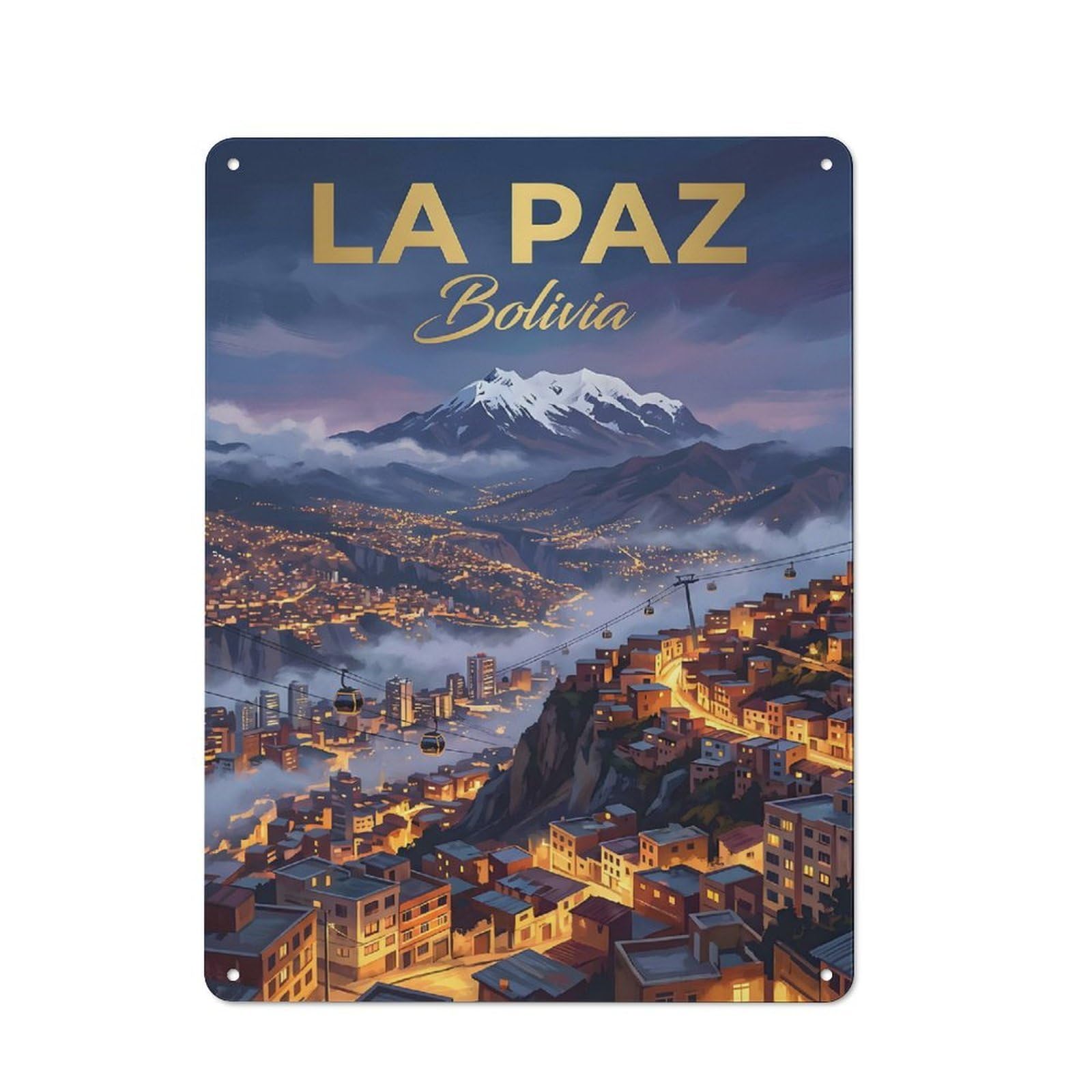 Junmoney Style-11 Retro-Style Tin Sign 40X30cm Featuring La Paz Bolivia Cityscape With Mountains For Hallway Wall, For Garage, Workshop And Man Cave Decoration