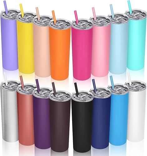 Paquete de 16 vasos delgados a granel de 20 onzas de acero inoxidable de doble pared aislado al vacío, vasos delgados para agua con tapa y popote