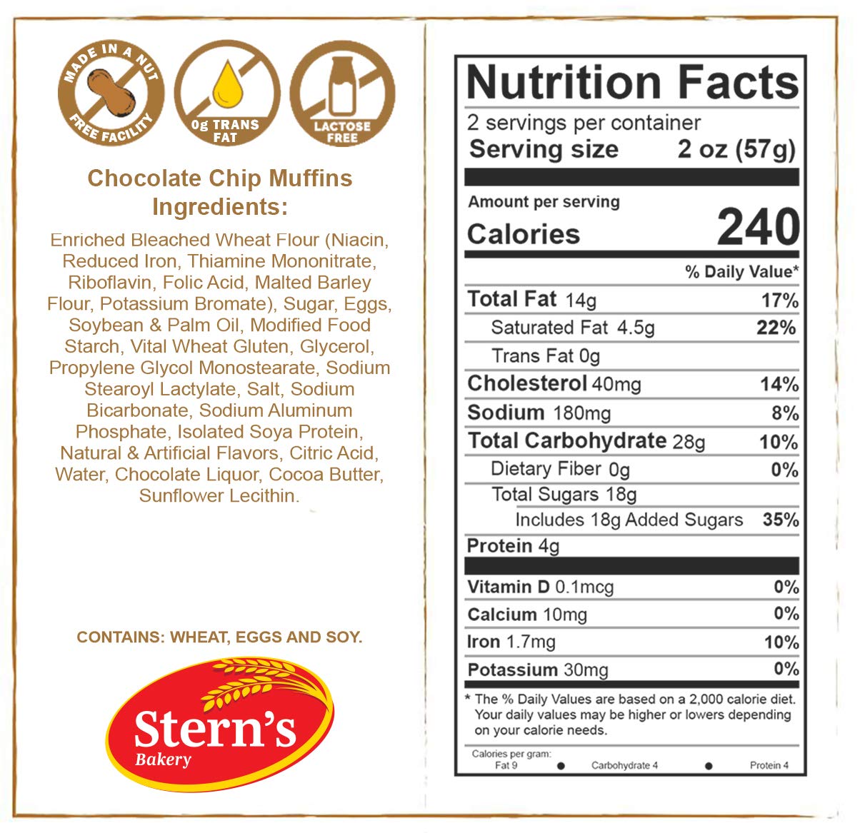 Fresh Bakery Muffins | Chocolate Chip Muffins | 4 Individually Wrapped Muffins Included | Delicious Coffee Cake | 4 oz Per Muffin | Stern’s Bakery (Chocolate Chip)