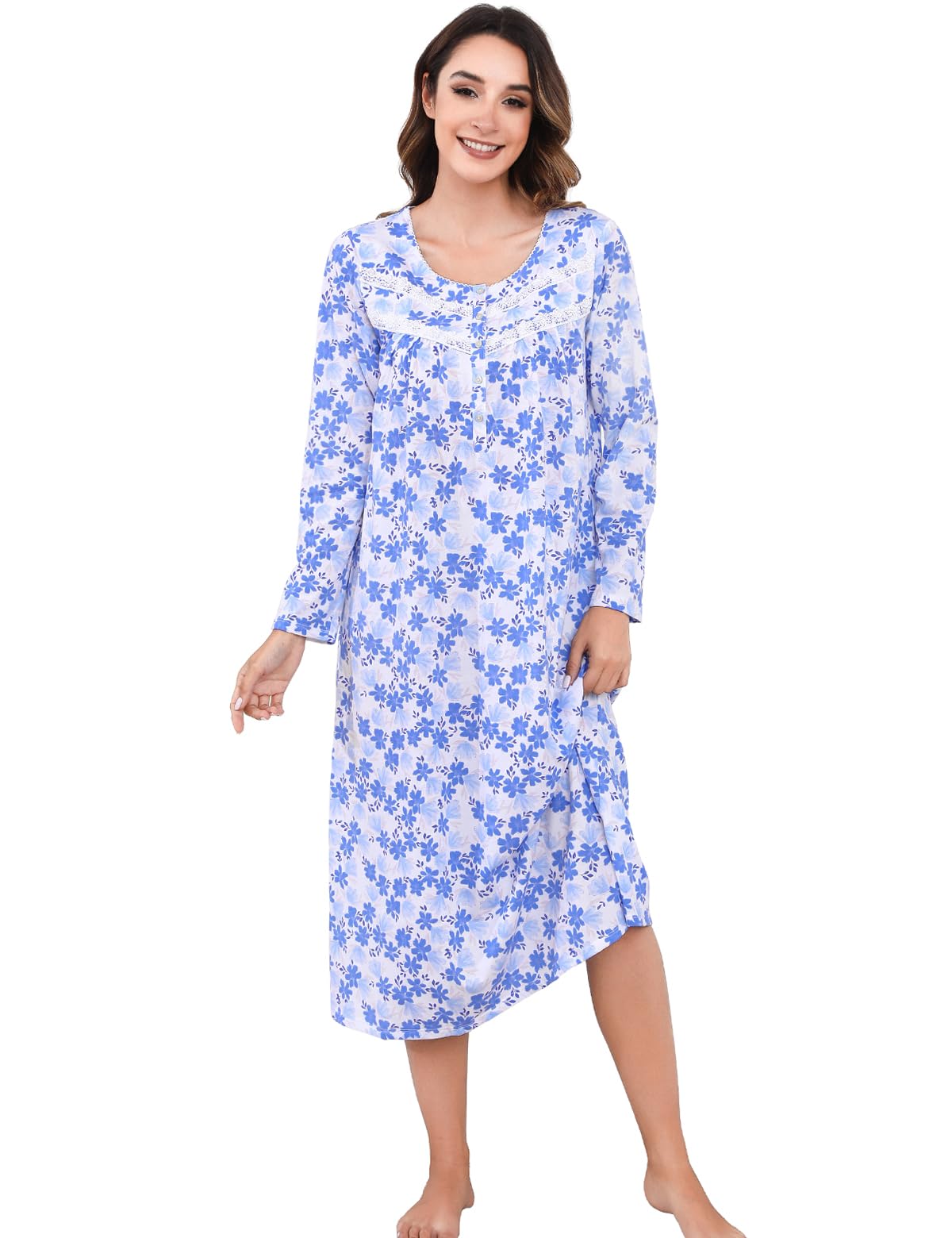 IZZY + TOBY Cotton Nightgowns for Women Long Sleeve Nightdress