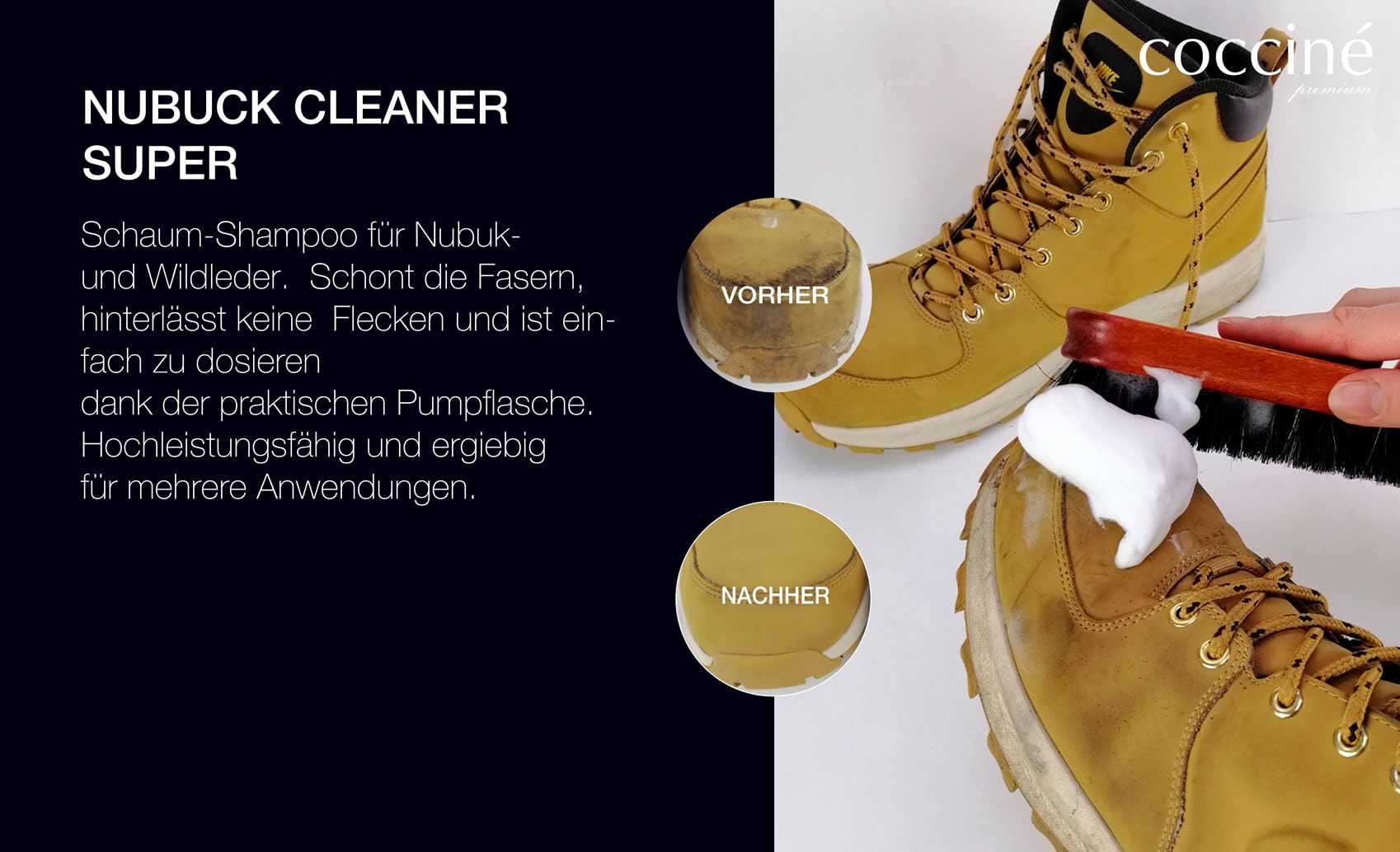 Cocciné - Kit Shampooing Chaussures avec Brosse, Mousse Nettoyante pour Daim et Nubuck, Shampooing Velours pour Chaussures en Daim, Soin Nettoyage en Profondeur pour Différents Types de Saletés