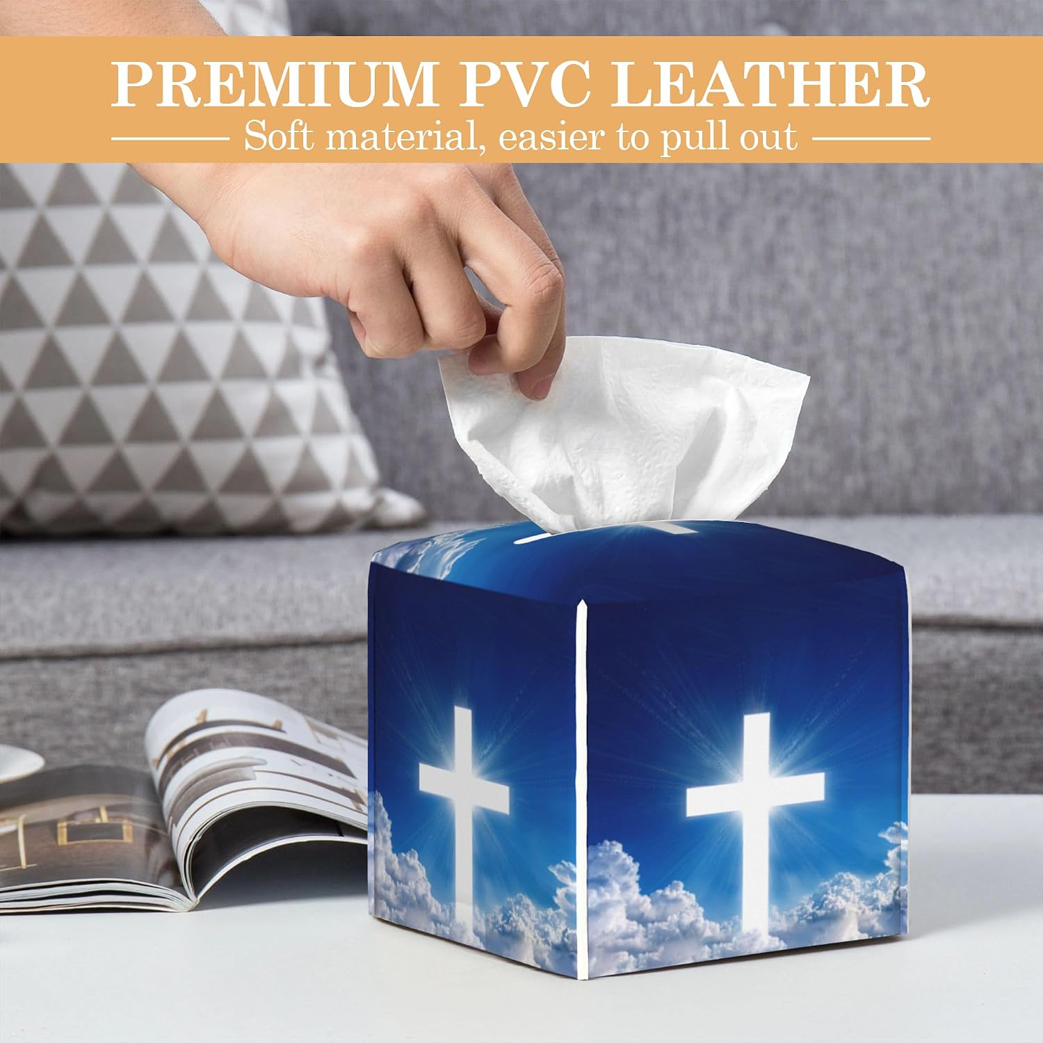 Cross Tissue Box Cover Holder,Leather Tissue Case Holder Facial Paper Organizer Decorative for Tabletop Night Stands Desk Bathroom Kitchen Car Office Home Decor image 5