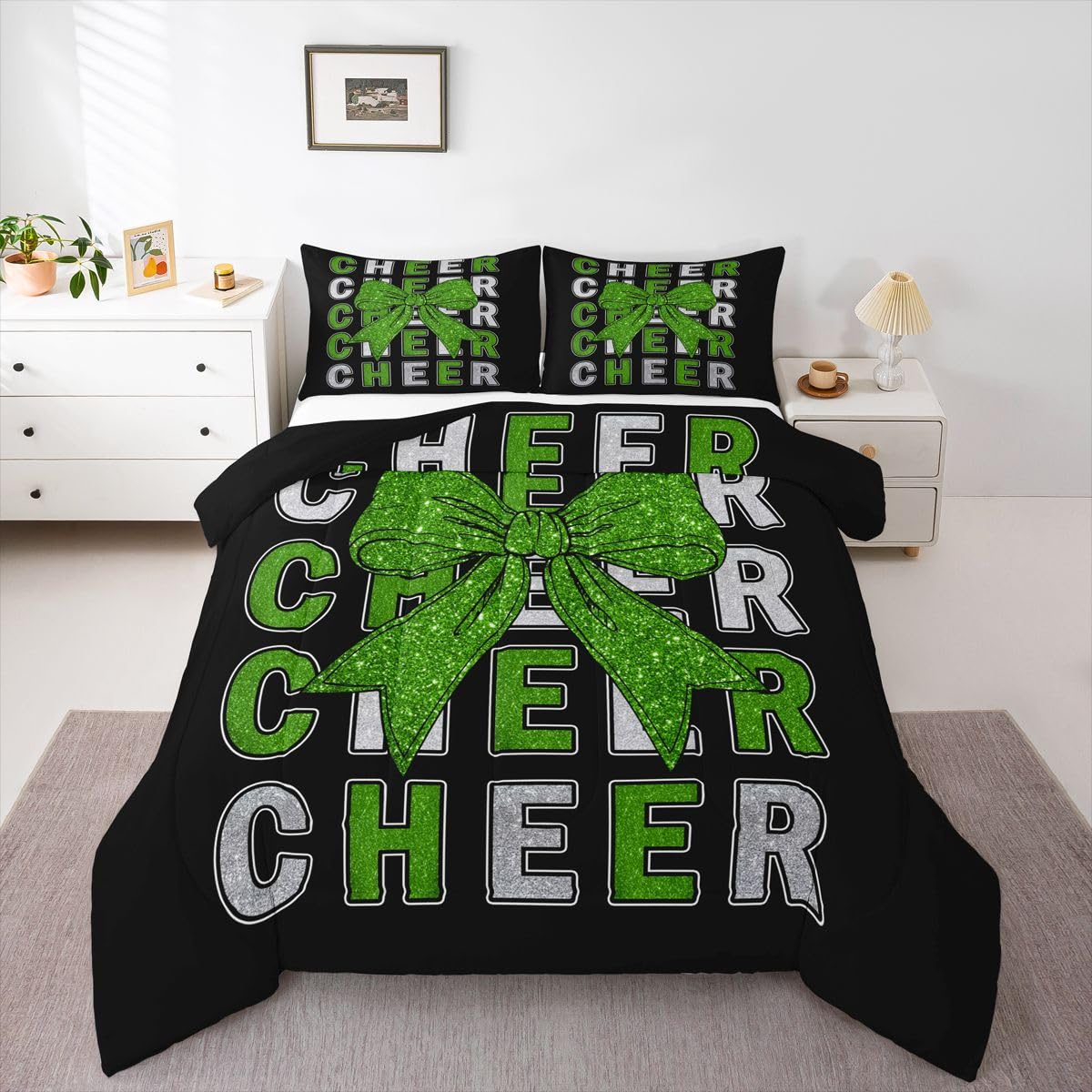 Feelyou Cheer Comforter Set All Season Green Glitter Bowknot Bedding Set with 1 Pillow Cases Sport Cheerleader Microfiber Kids Toddler Bedclothes Cheerleading Bedroom Decor Duvet Quilt Soft