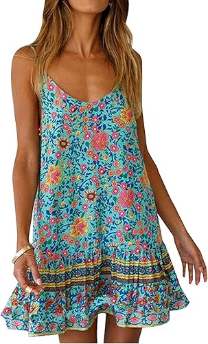 Qearal Vestido de verano para mujer, estilo bohemio, estampado floral, sin mangas, para playa, minivestido con bolsillos